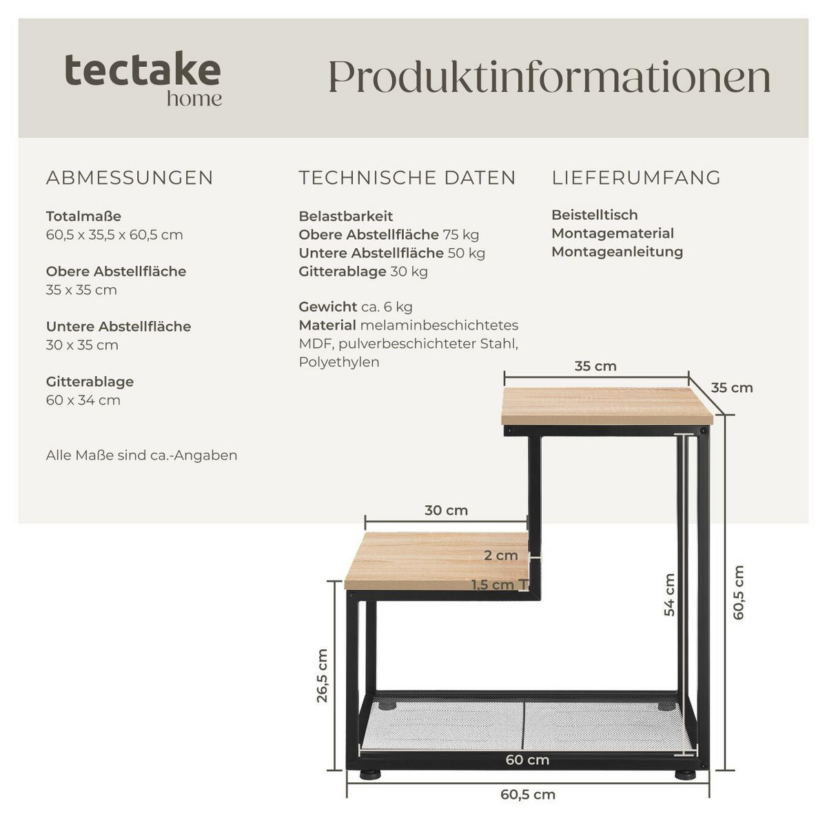 BEISTELLTISCH Halifax,60,5 x 35,5 x 60,5 cm,Industrial Holz hell, Eiche Sonoma - Naturfarben, Holz (60.5/35.5/60.5cm) - tectake