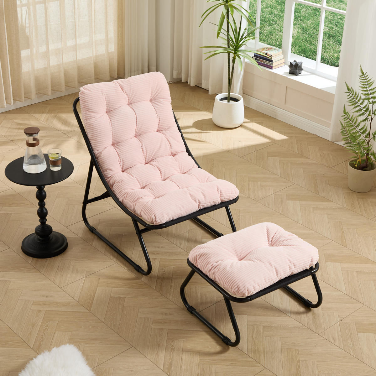 SCHAUKELSTUHL mit Dickem Kissen und Hocker Metallrahmen,für Garten Balkon Wohnzimmer Rosa - Pink, Metall (65/86/78cm) - PARAFTA HOME