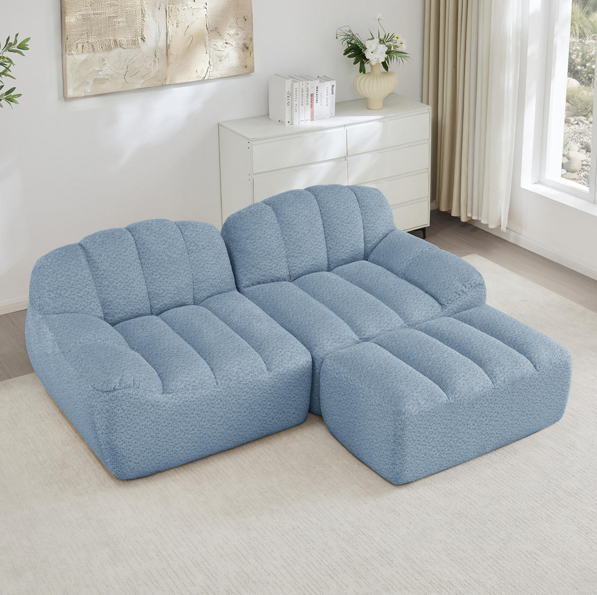 SOFA in Blau mit Ottoman aus Fleece - Blau, Textil (165/79/210cm) - Flora Grace