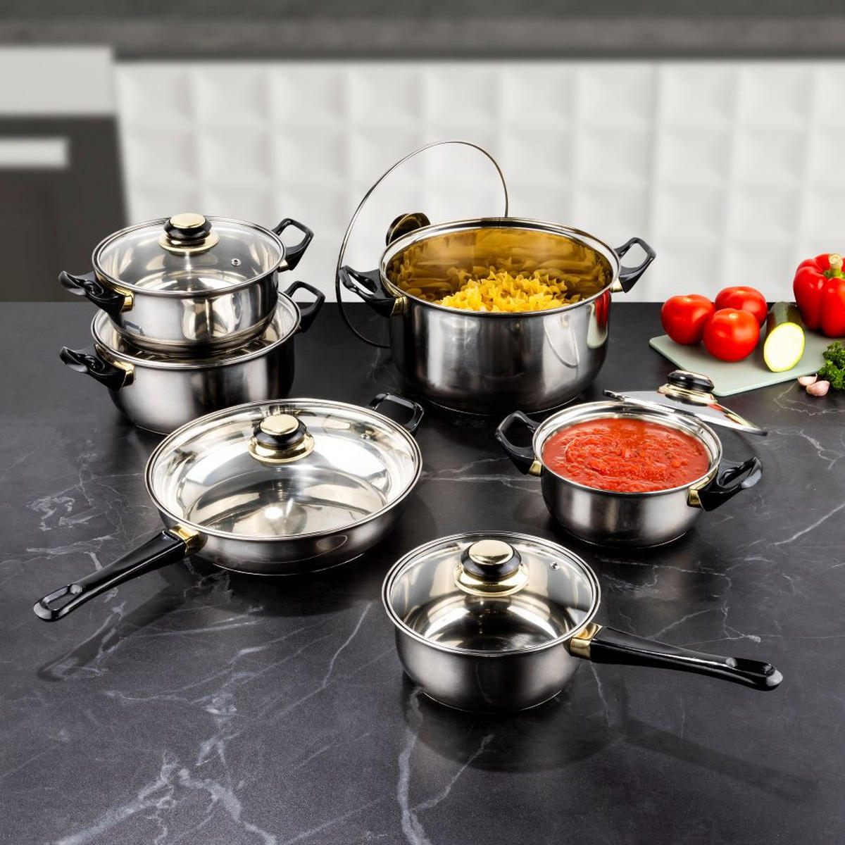 KOCHTOPF-SET 12tlg. aus Edelstahl mit Glasdeckel - Transparent, Metall - Haushalt International