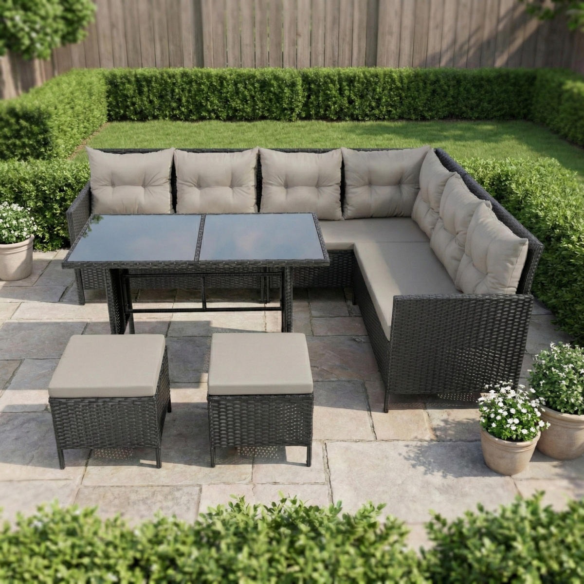 GARTENMÖBEL-SET mit Ecksofa und Esstisch in graue Kissen - Grau, Metall - Home Collective