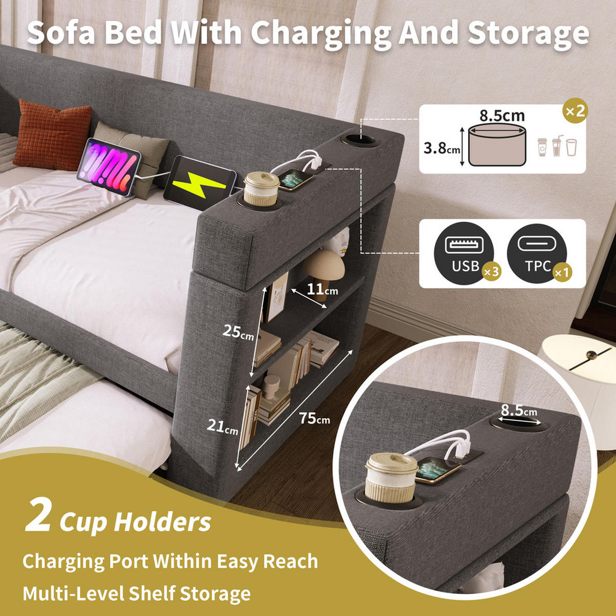 TAGESBETT 90x190cm Einzelbett Schlafsofa Ausziehbett USB-C & Halter Grau - Grau, Holz (90/190cm) - FLIEKS