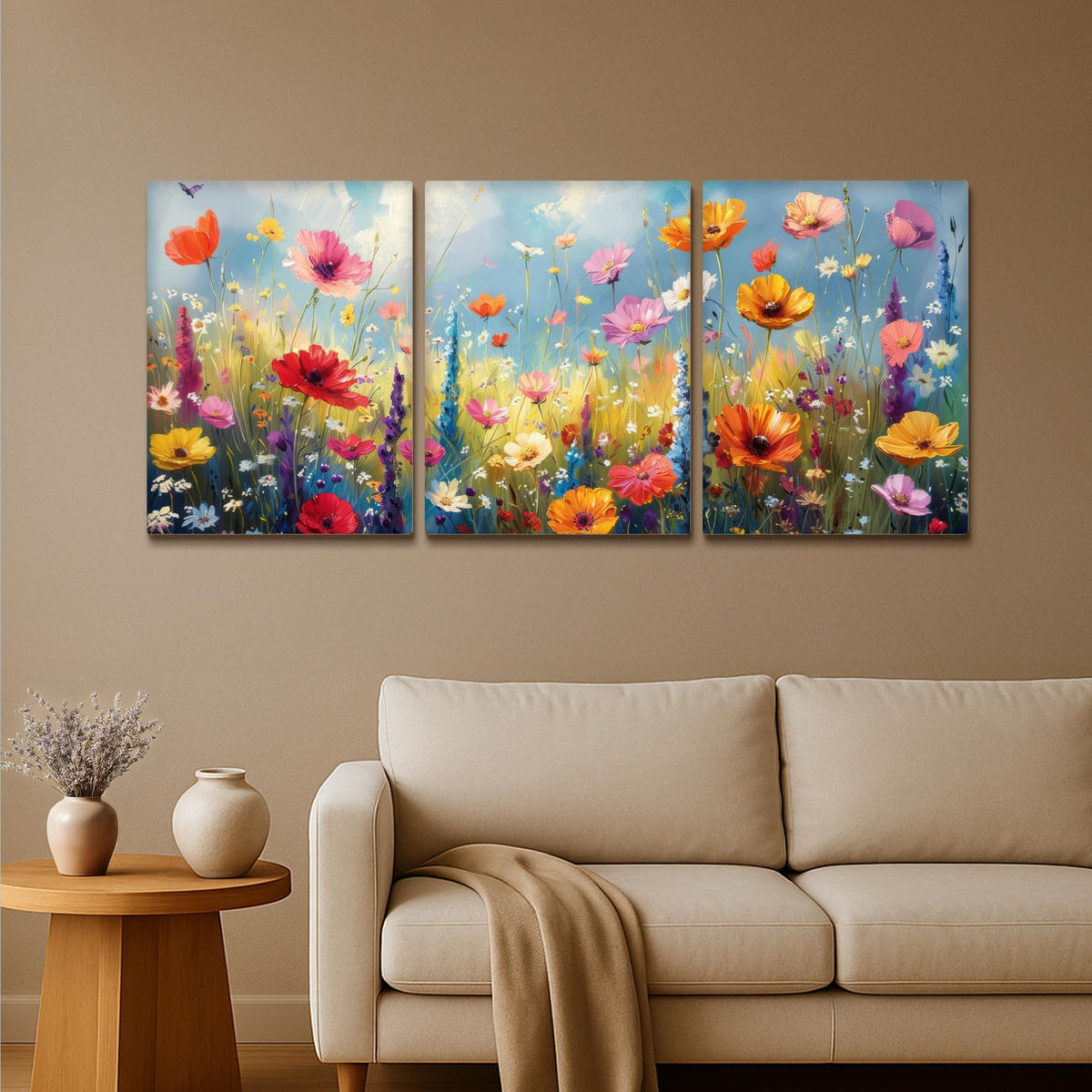 LEINWANDBILD 3er Set Blumen - Frühling - Farbenfroh - Sommerlich 180x80 cm - Orange, Textil (180/80cm) - MuchoWow