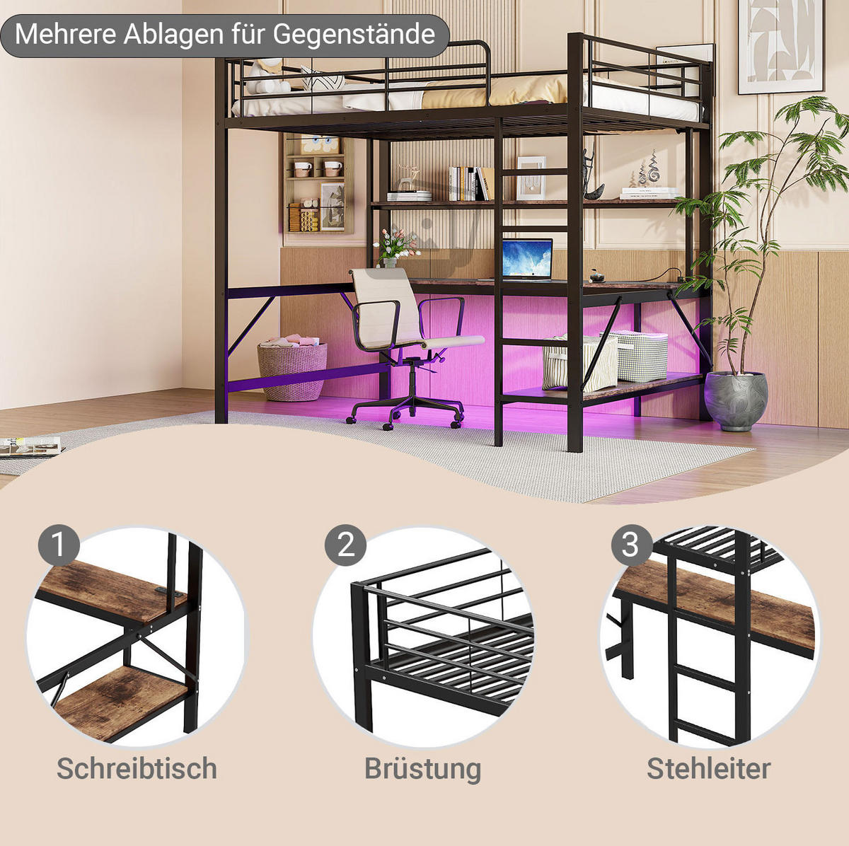 HOCHBETT 140/200 cm mit Schreibtisch, Regal, USB, Steckdose und LED-Beleuchtung, Metall, Schwarz - Schwarz, Metall (140/200cm) - Redom