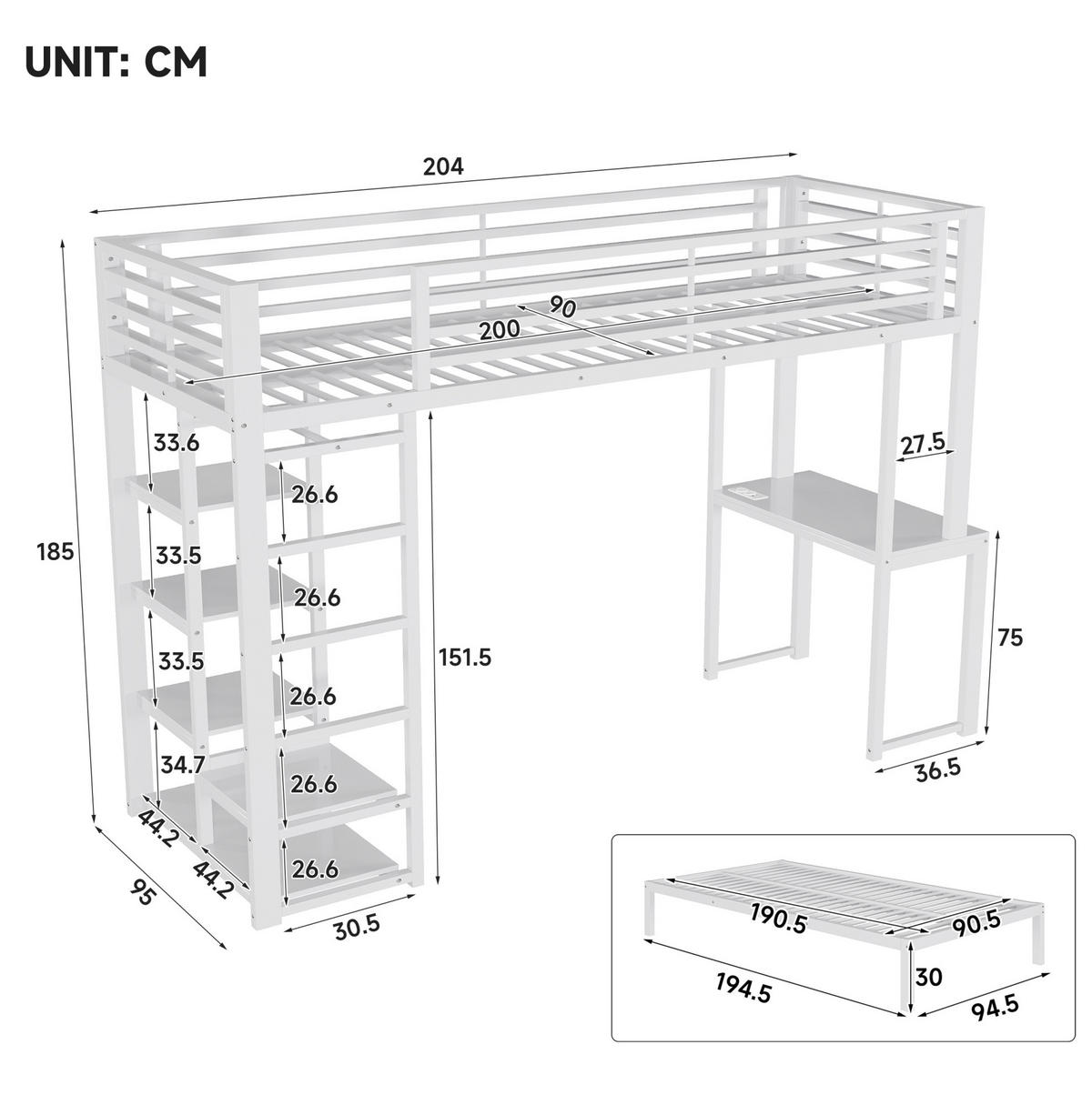 ETAGENBETT 90/200 cm Weiß mit Schreibtisch und Kleideraufbewahrung - Weiß, Metall (90/200cm) - MIVRAY