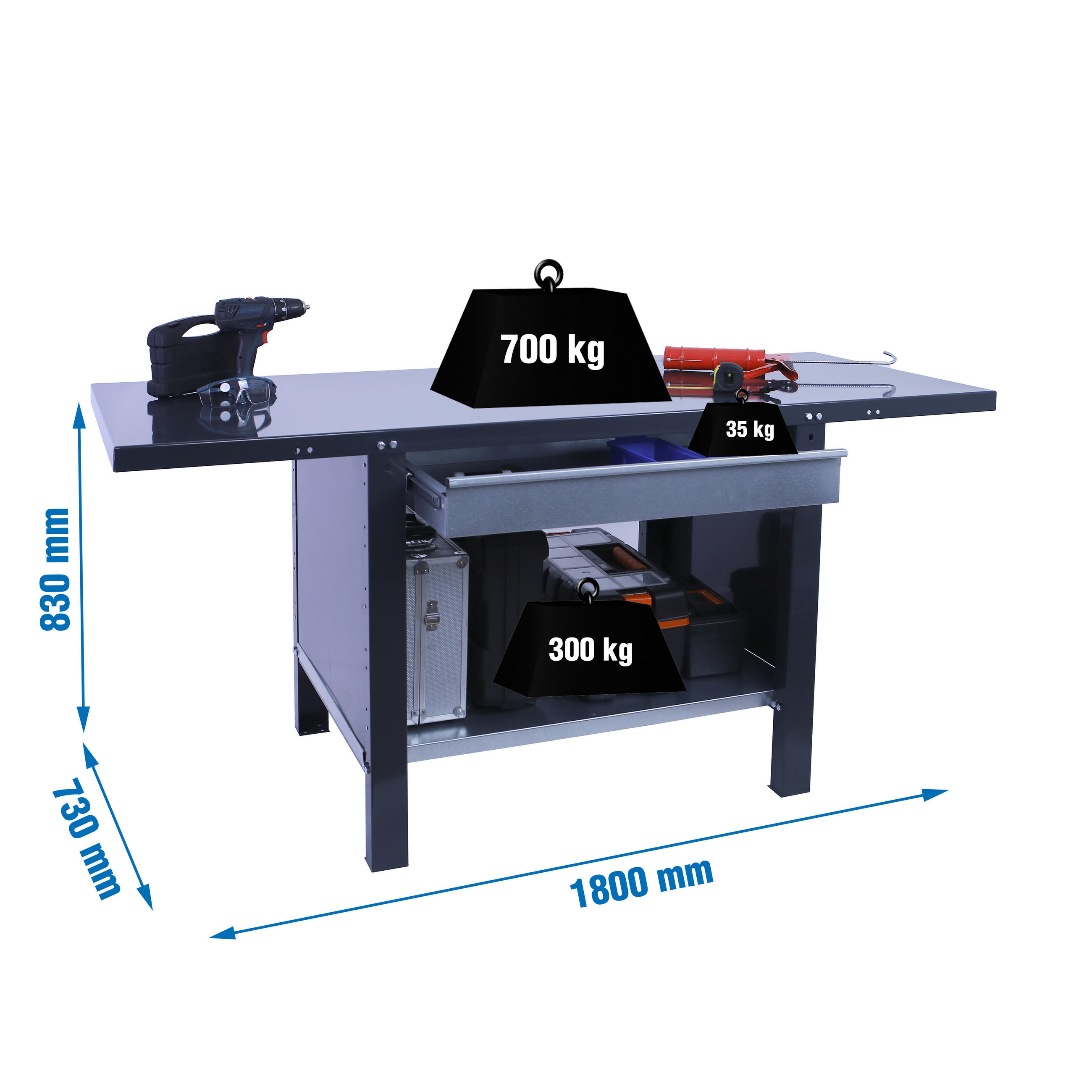 WERKBANK Buffalo Metal mit 1x Schublade HxBxT 83 x 180 x 73 cm Traglast 700 kg Anthrazit - Anthrazit, Metall (180/83/73cm) - PROREGAL