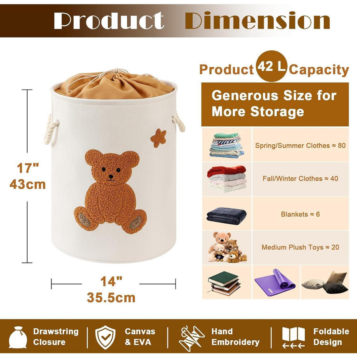 KINDER-WÄSCHEKORB Bär mit Zugverschluss 42 Liter - Braun, Textil (40/46/40cm)