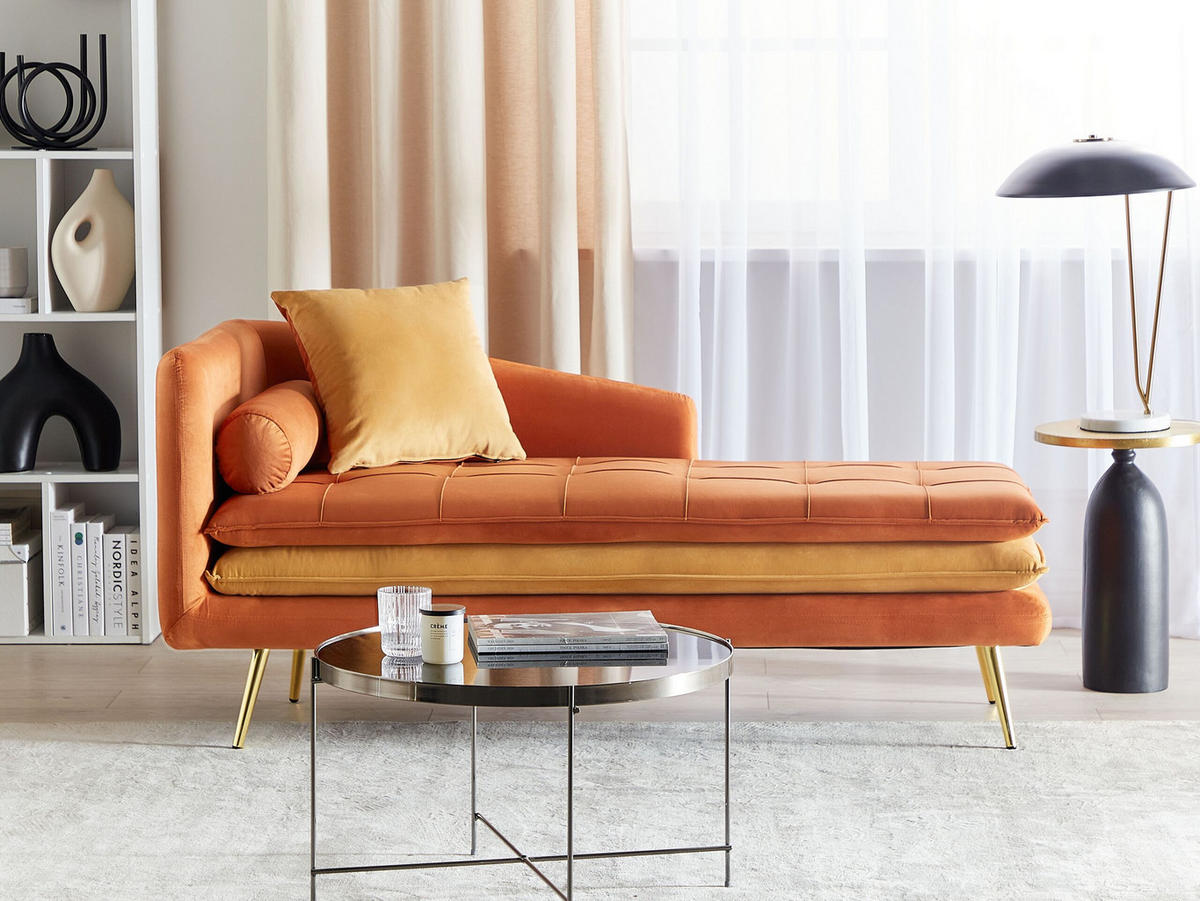 CHAISELONGUE Samtstoff orange linksseitig Gonesse - Goldfarben/Orange, Textil (164/72/77cm) - Beliani