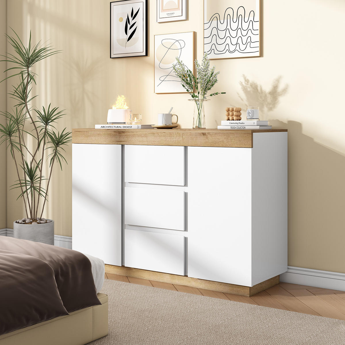 SIDEBOARD in Weiß und Eiche Kommode mit 3 Schubladen und 2 Türen für Schlafzimmer und Wohnzimmer, B120.5/T40.2/H82.5cm - Eichefarben/Weiß, Holzwerkstoff/Metall (120.5/82.5/40.2cm) - STILVORA