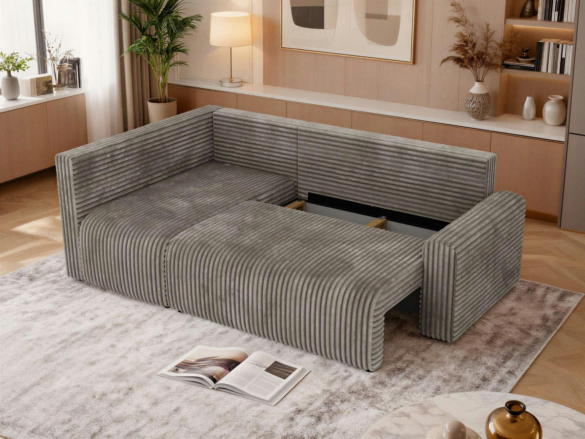 ECKSOFA NESSARO COR L - Hellbraun Cord - Links - Hellbraun/Schwarz, Kunststoff/Textil (151/240cm) - MKS