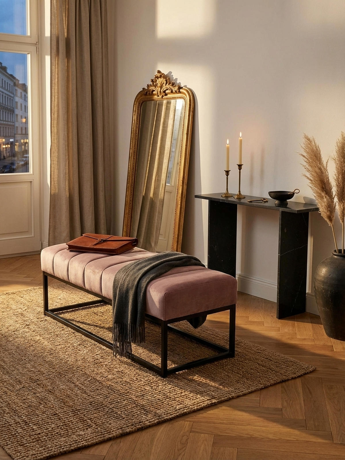 SITZBANK Samt Metallgestell gepolstert, Rosa 108x40x40 cm - Pink/Schwarz, Textil/Metall (108/40/40cm) - KADIMA DESIGN