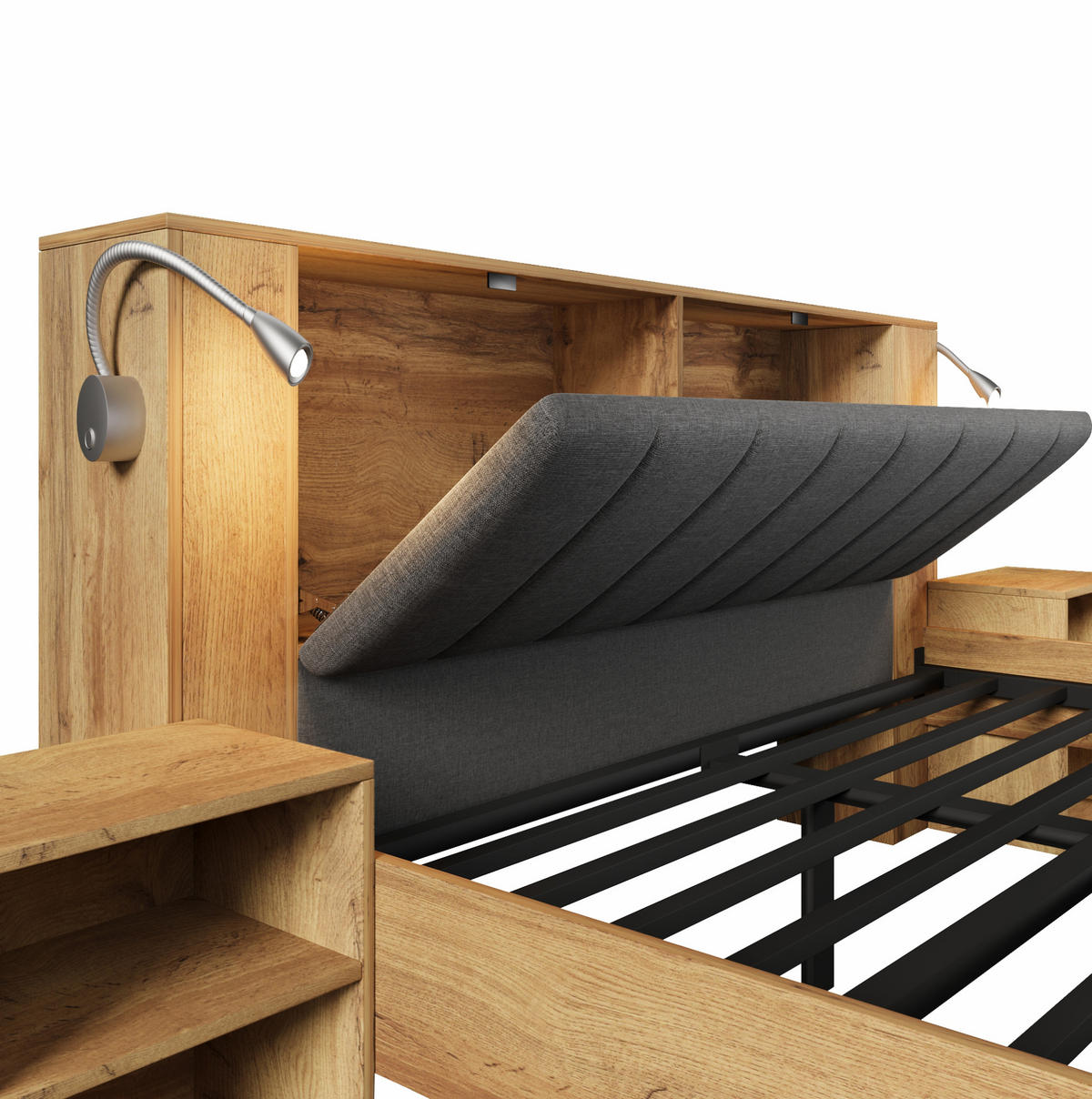 POLSTERBETT 180x200 cm in Eiche mit USB & Leselampen - Eichefarben, Holzwerkstoff (180/200cm) - Modfu