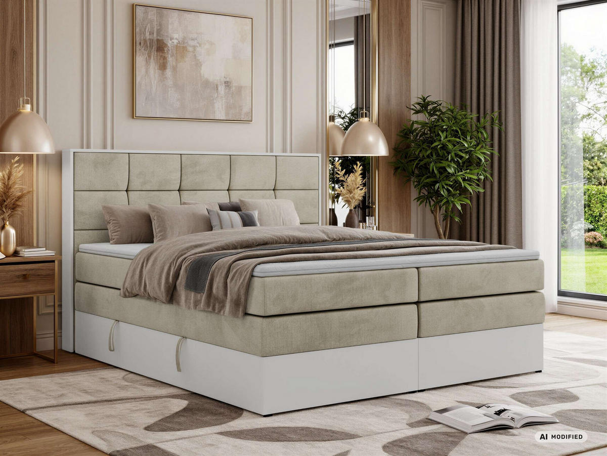 BOXSPRINGBETT ALVIT KING 200/200 - Beige Velvet - Topper Visco - H3 - Beige/Schwarz, Kunststoff/Textil (200/200cm) - MKS
