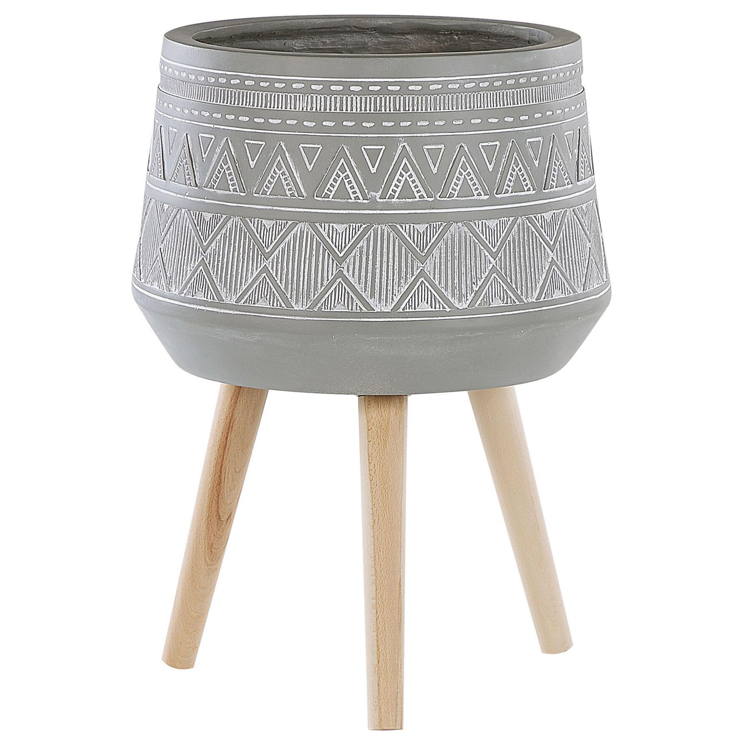 PFLANZENSTÄNDER hellgrau mit Holzbeinen 61 cm Malaki - Hellbraun/Hellgrau, Stein (61cm) - Beliani