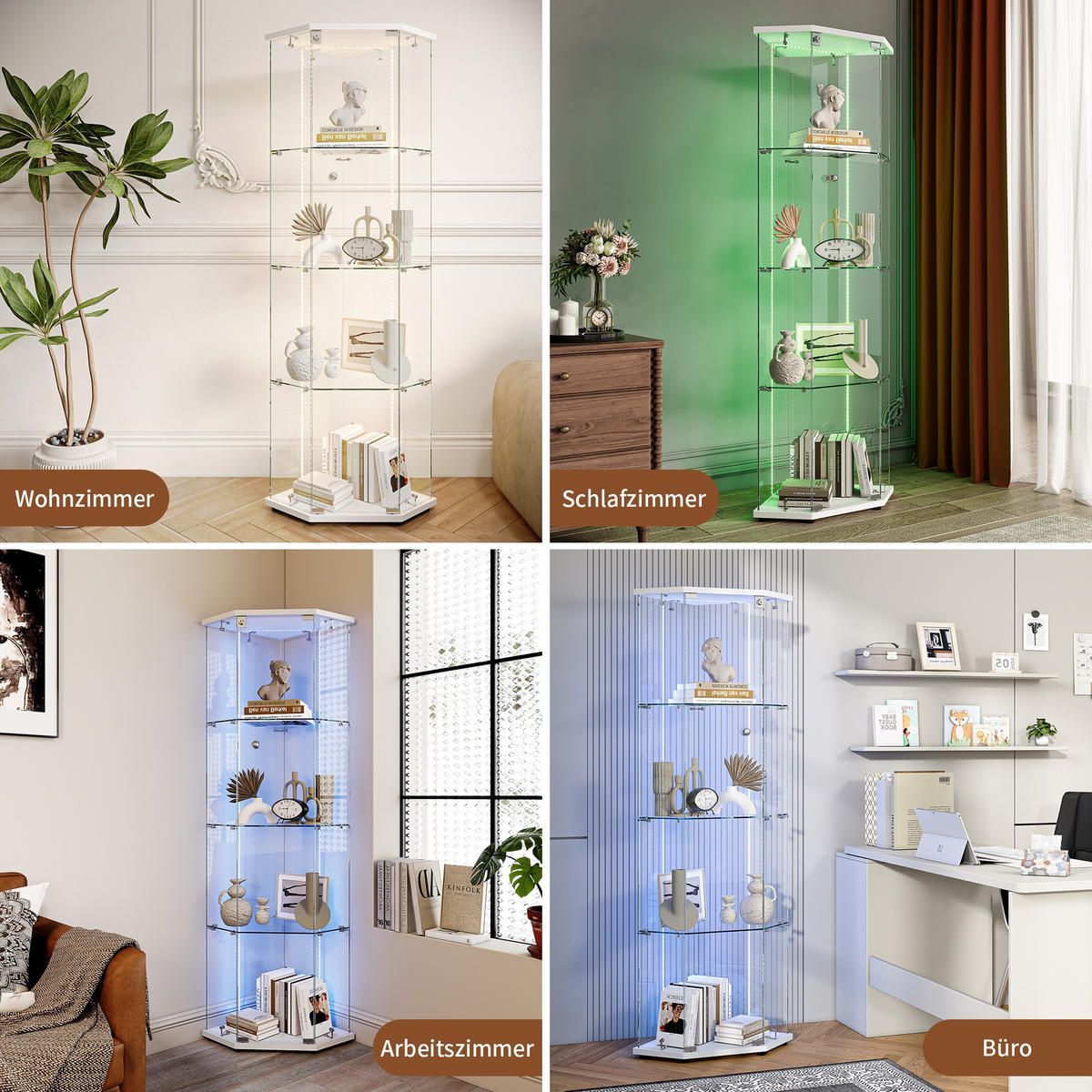 VITRINE mit RGB LED Beleuchtung - Eckvitrine mit 4 Ebenen und 1 Glastür - Glaskvitrine mit Schloss - Weiß - Weiß, Glas (60/162/42.5cm) - DELFA