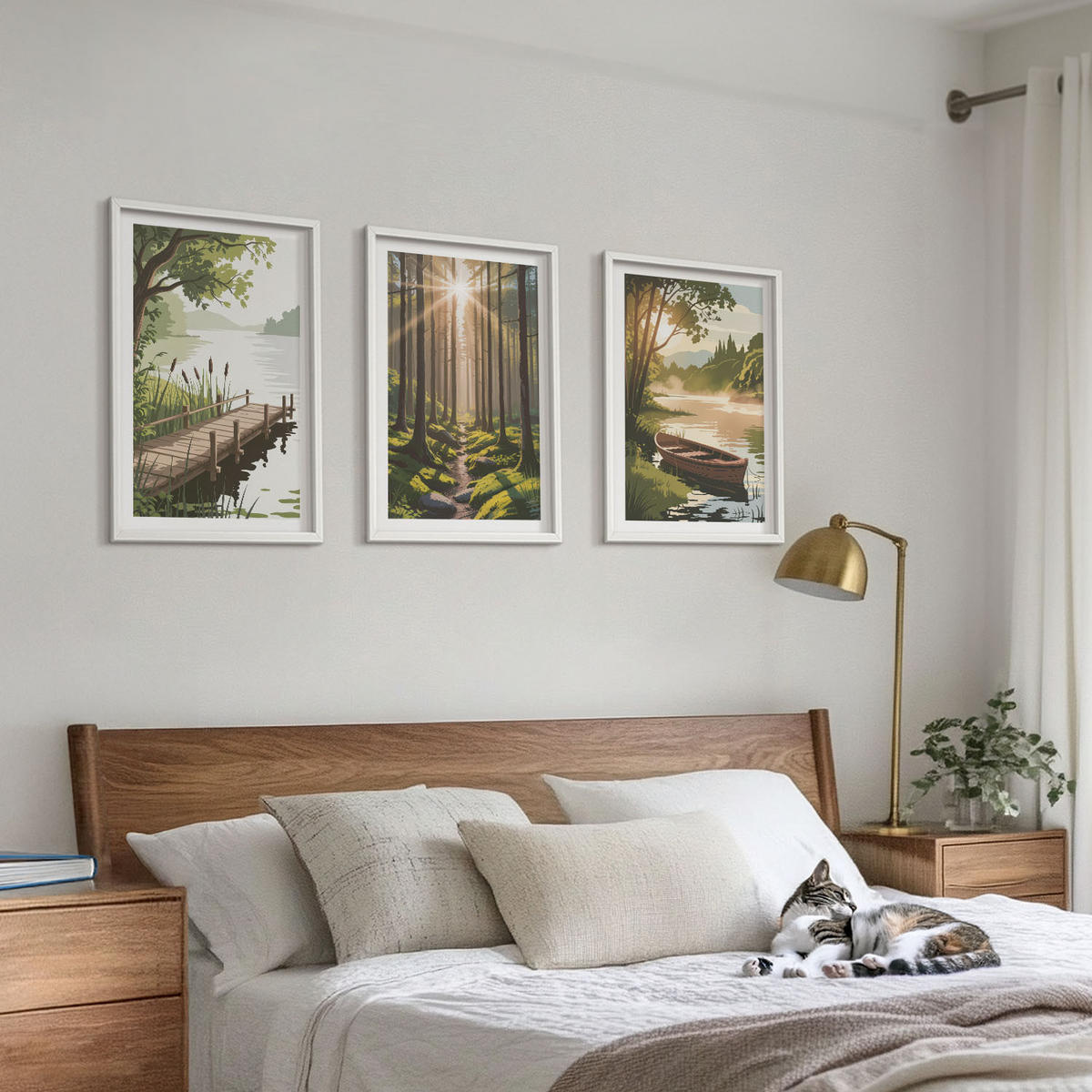 WANDBILDER 3er-Set - 40x60 cm Weißer Rahmen - Landschaft aus Wald, See und Boot - Weiß, Kunststoff (40/60cm) - ArtPrintCave