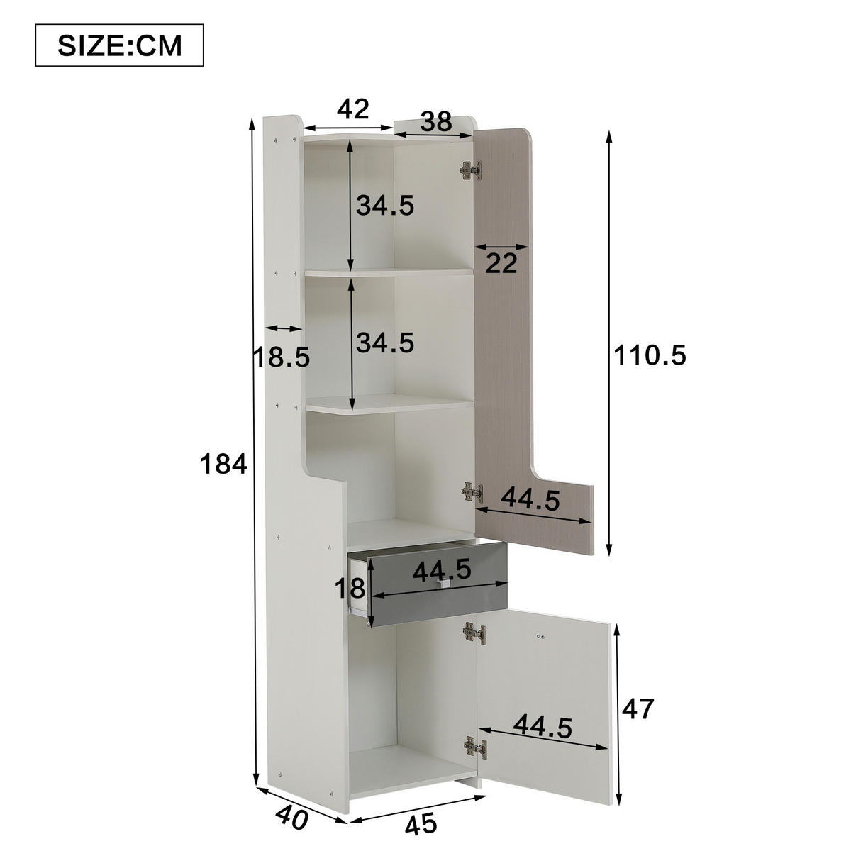 BÜCHERREGAL in Weiß und Grau mit L-förmiger Tür, Schublade und Metallknöpfen, B40/T45/H184cm - Weiß/Grau, Holzwerkstoff/Metall (45/184/40cm) - STILVORA