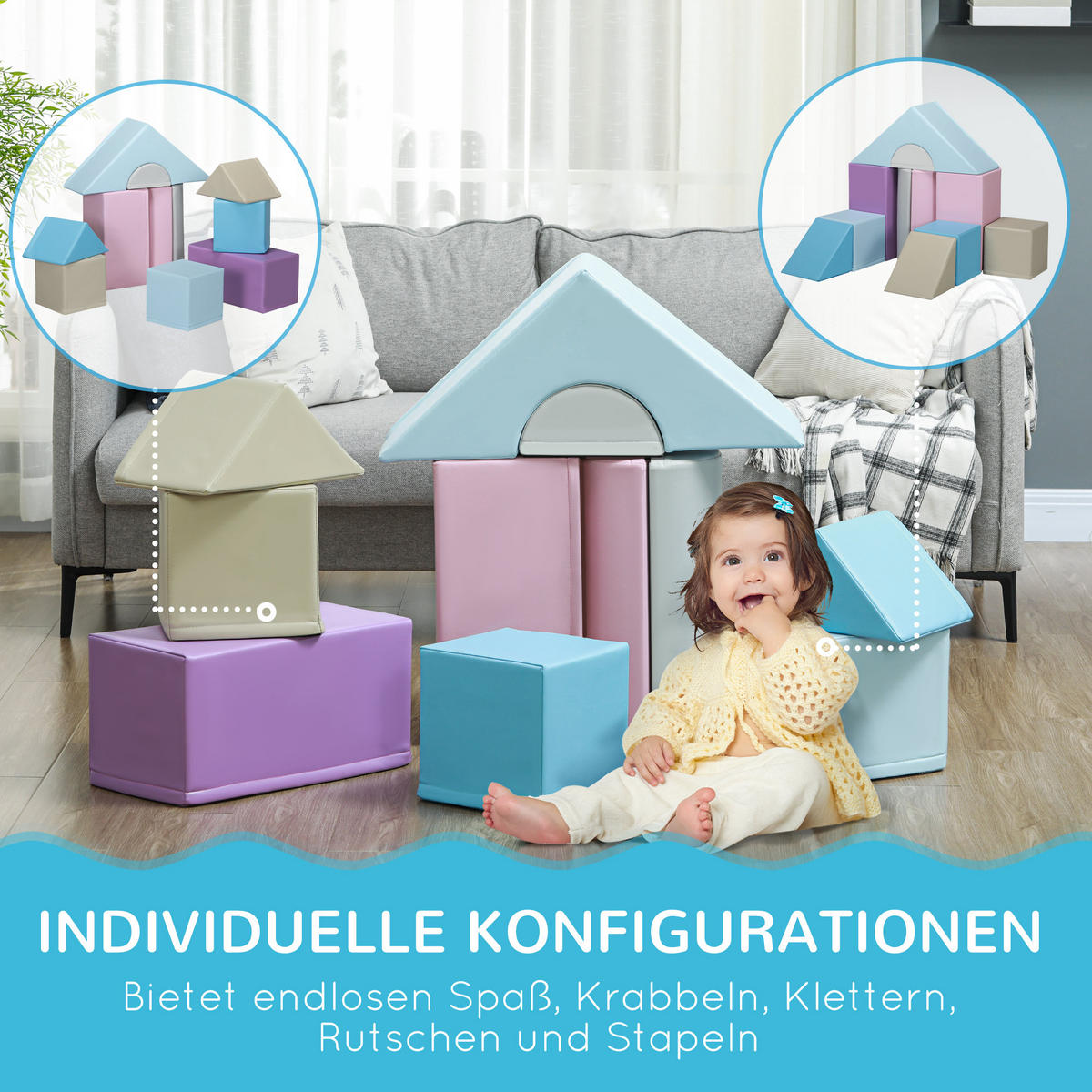 11-TLG. Softbausteine, Schaumstoffbausteine, Bausteinset zum Toben, Klettern - Multicolor, Kunststoff (25/50/25cm) - HOMCOM
