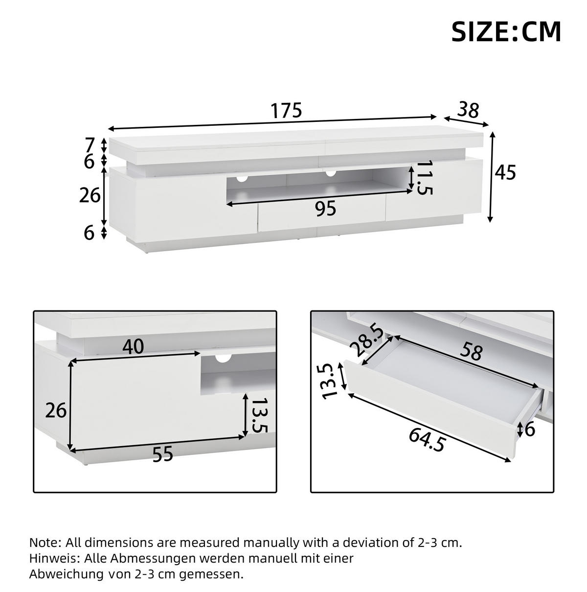 TV-LOWBOARD aus Spanplatte 175x38x45 cm Weiß mit LED-Beleuchtung, 2 Schränken und Schublade - Weiß, Holzwerkstoff (175/45/38cm) - IVMEU