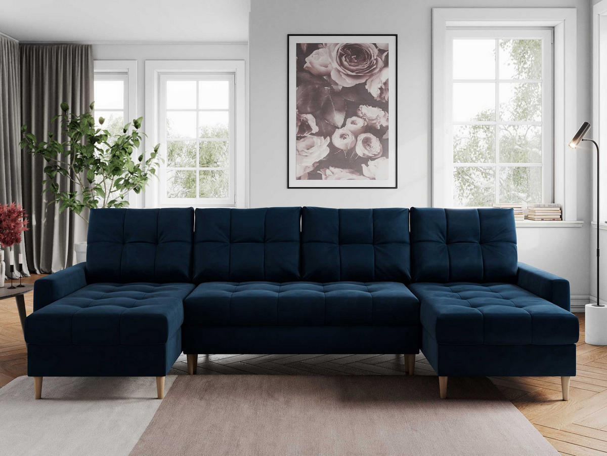 WOHNLANDSCHAFT Colin U Velvet Dunkelblau - Dunkelblau/Braun, Holz/Textil (290/75/140cm) - MKS