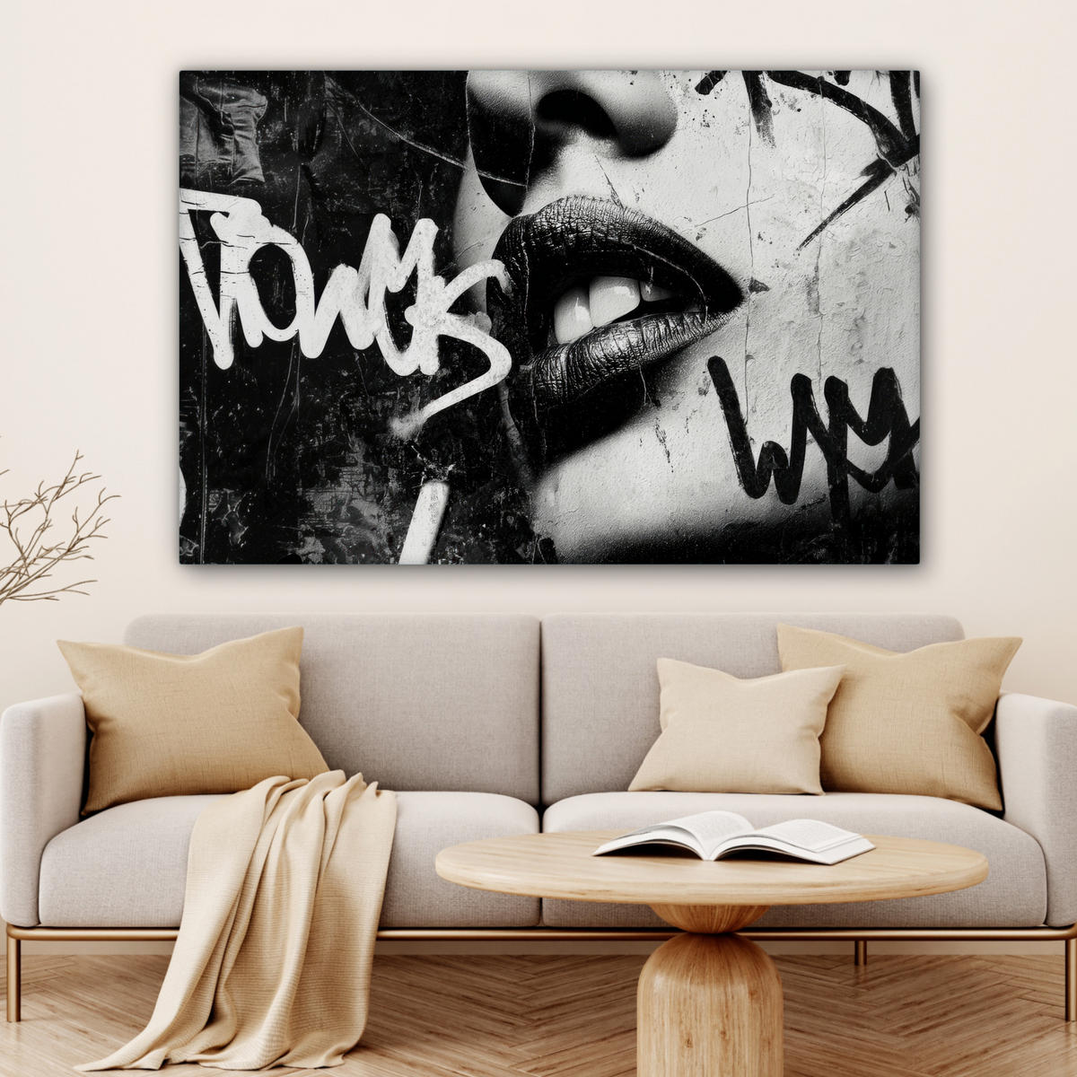 LEINWANDBILD Gesicht - Mund - Graffiti - Schwarz Wohnzimmer Groß 120x80 cm - Schwarz, Textil (120/80cm) - MuchoWow