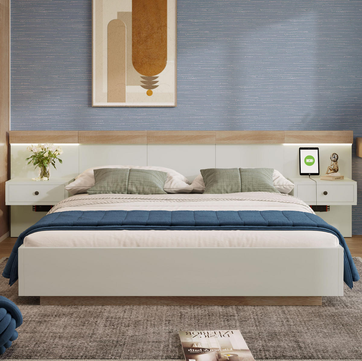 BETT 160/200 cm mit Kopfteil & 2 LED-Nachtkommoden inkl. Lattenrost - Weiß, Holzwerkstoff (160/200cm) - BEAOK