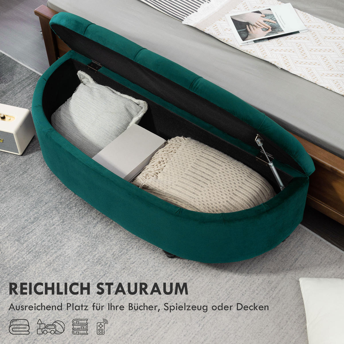 SITZBANK mit Stauraum Sitztruhe mit geöffnetem Deckel, Velvet-Touch Dunkelgrün - Dunkelgrün/Schwarz, Holz/Kunststoff (46/42/120cm) - HOMCOM