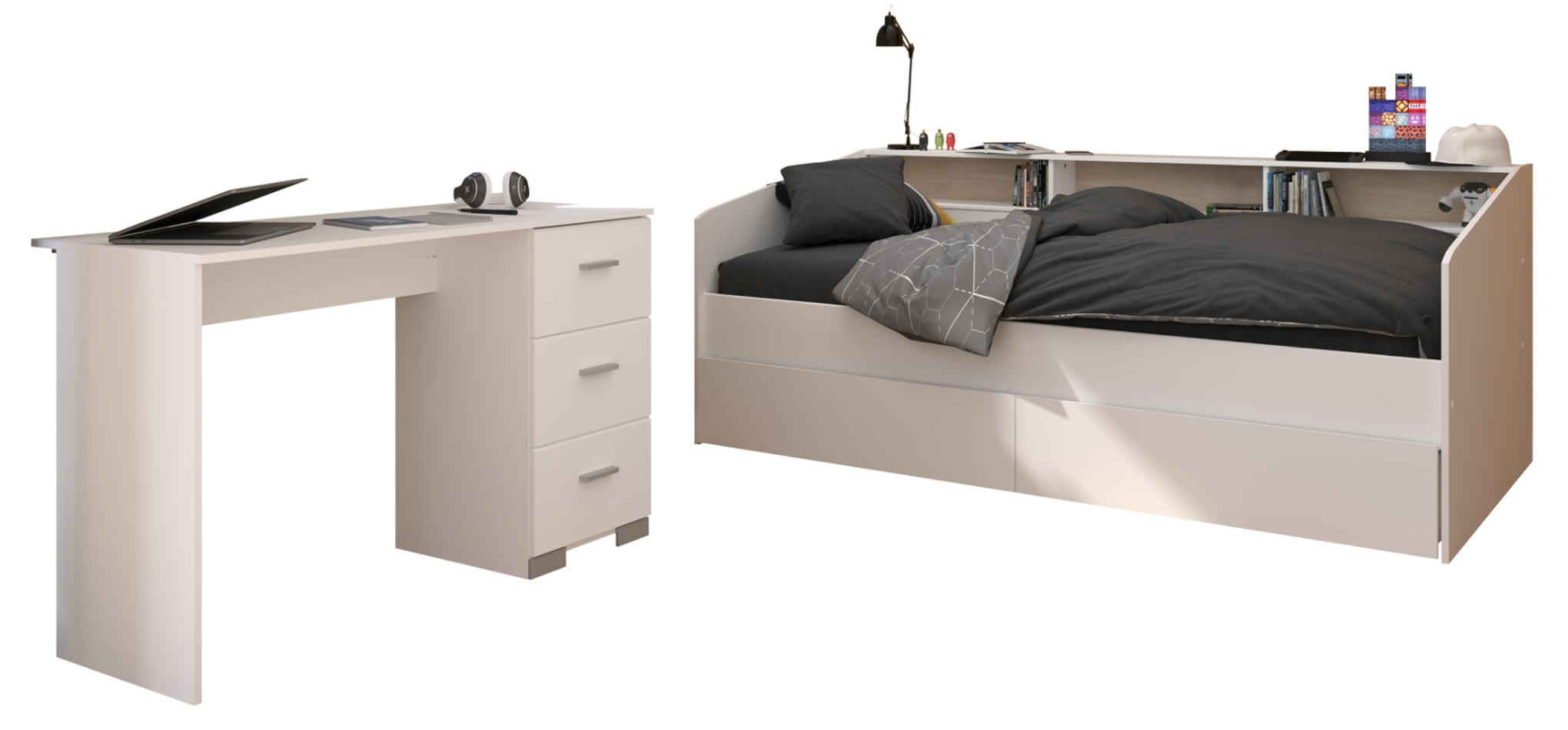 KINDERZIMMER Set 2-tlg. Schreibtisch und Bett mit Stauraum 90x200 cm - Silberfarben/Weiß, Holz/Holzwerkstoff (203/82/113cm) - Parisot Meuble