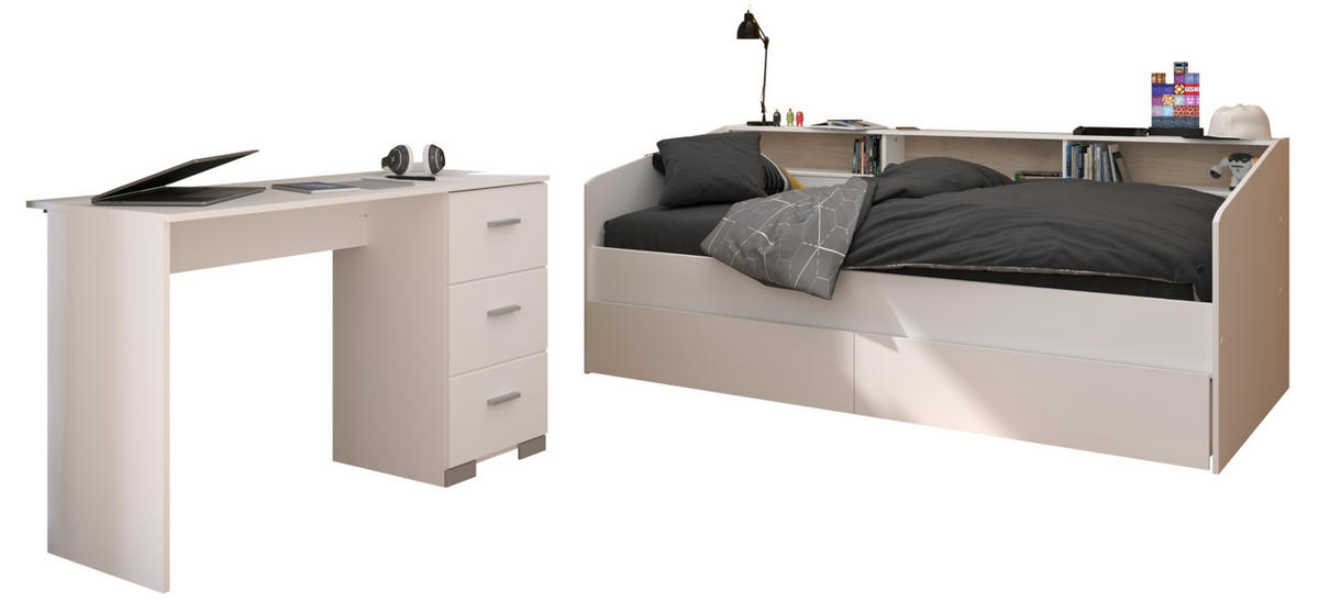 KINDERZIMMER Set 2-tlg. Schreibtisch und Bett mit Stauraum 90x200 cm - Silberfarben/Weiß, Holz/Holzwerkstoff (203/82/113cm) - Parisot Meuble