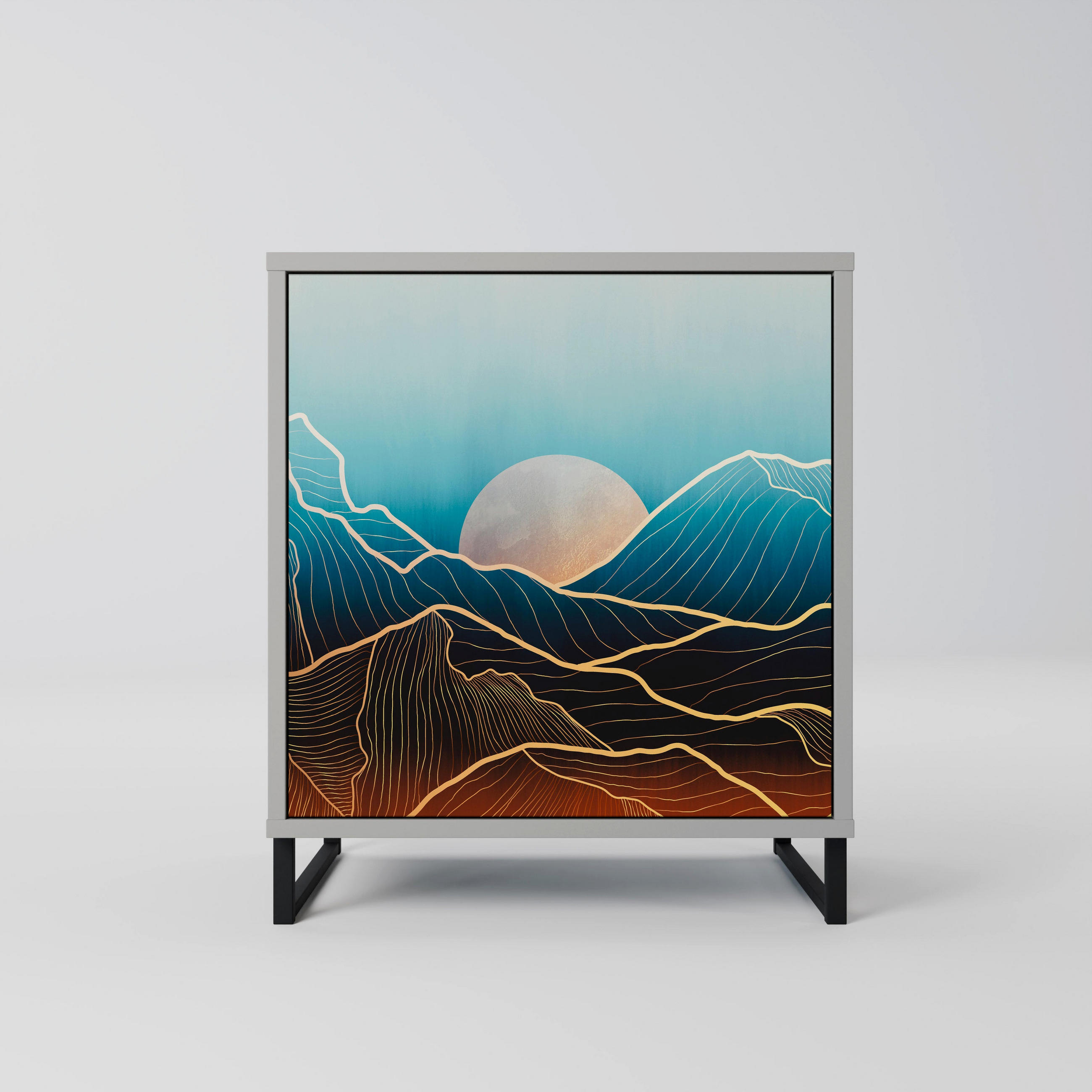 SIDEBOARD LUNAR SECRETS, Grau, 57,5x42x67,5 cm, Schwarze Metall-Rahmenfüße - Multicolor/Schwarz, Holzwerkstoff/Metall (57.5/67.5/42cm) - SpaceRebels