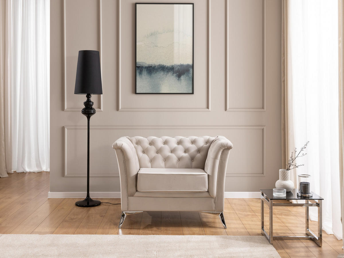 CHESTERFIELD-SESSEL Whitby Beige Samt mit silbernen Füßen - Beige/Silberfarben, Holz/Textil (116/78/82cm) - S-Style Möbel