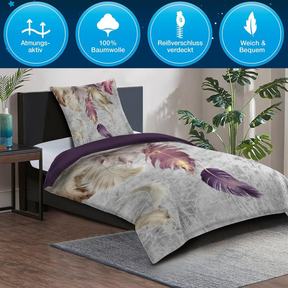 BETTWÄSCHE 4-teilig Federn - Lila, Naturmaterialien (135/200cm) - Sanilo