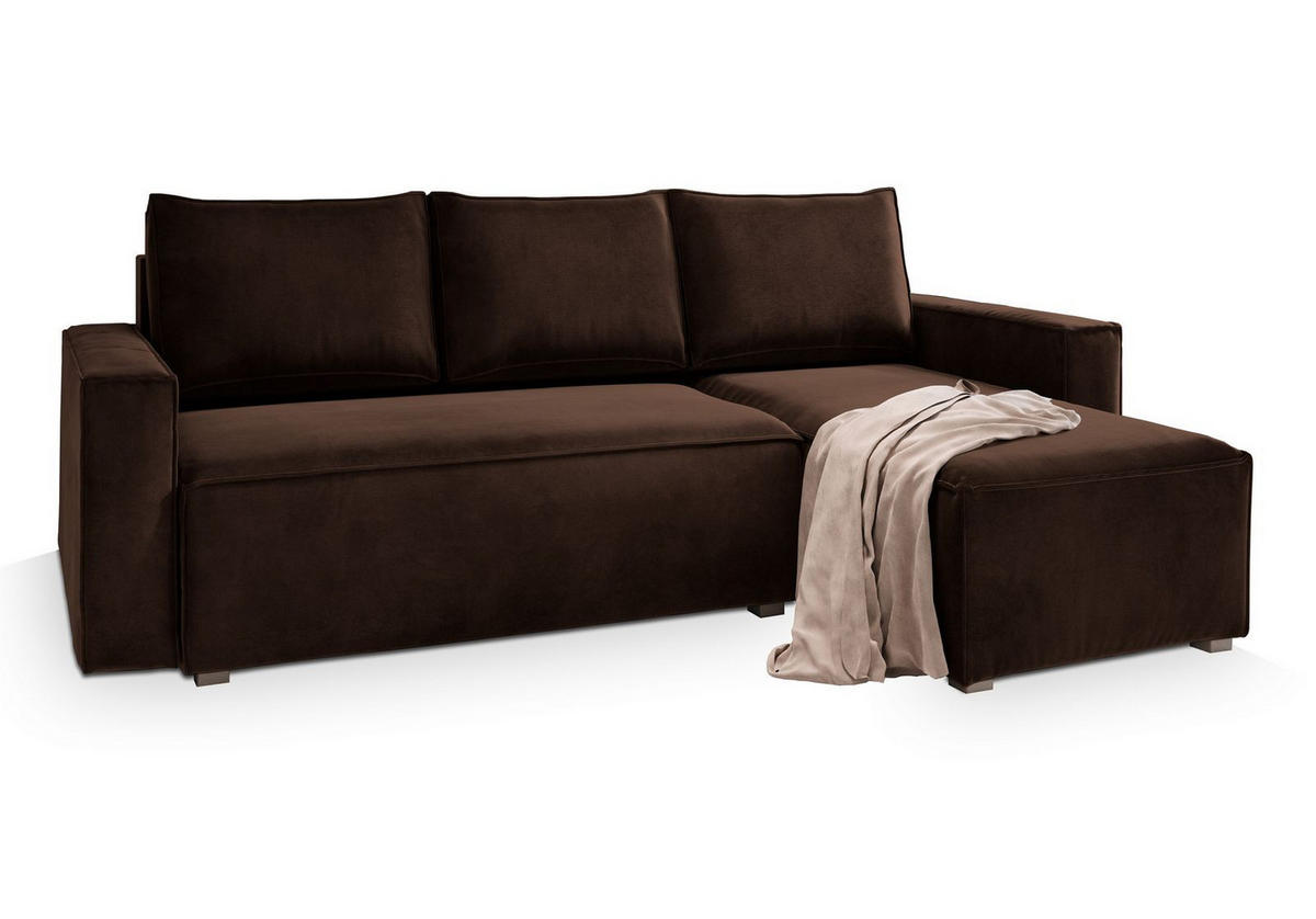 ECKSOFA SILES Braun Velours-Stoff mit Schlaffunktion - Braun, Holz (230/140cm) - MASSENO