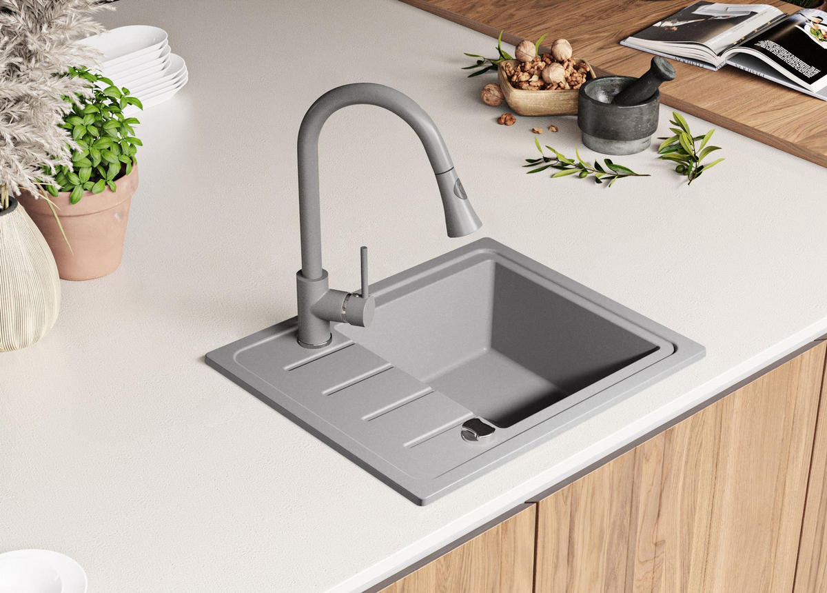 SPÜLBECKEN Kopenhagen Easy, 2-er set Grau 55/44 cm 1 Becken + Ablauf-Set ab 45er Unterschrank - Chromfarben/Grau, Kunststoff (55/17/44cm) - Primagran