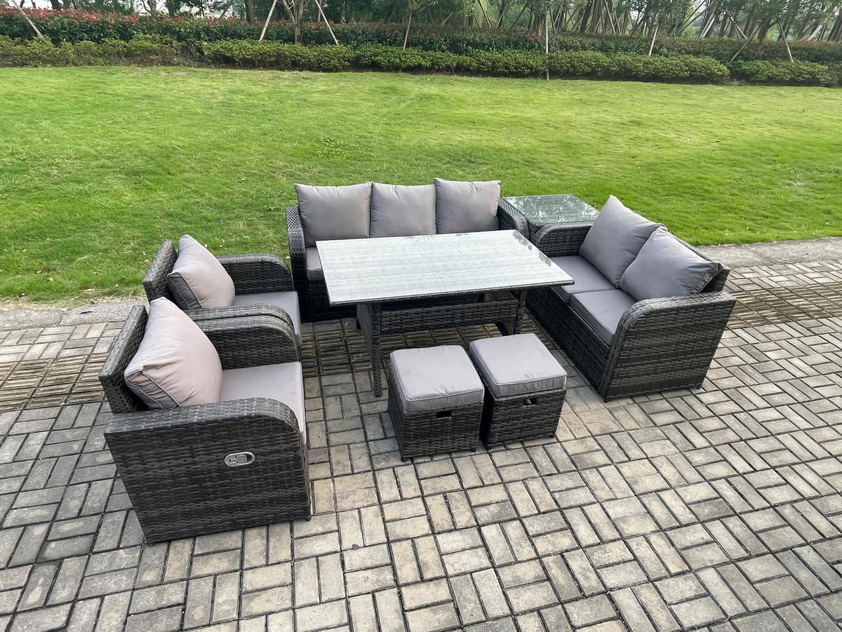 Gartenmöbelset mit Esstisch,3-Sitzer Sofa,Beistelltisch,Hocker Polyrattan Dunkelgrau 9-Sitzer - Dunkelgrau/Grau, Glas/Kunststoff - Fimous