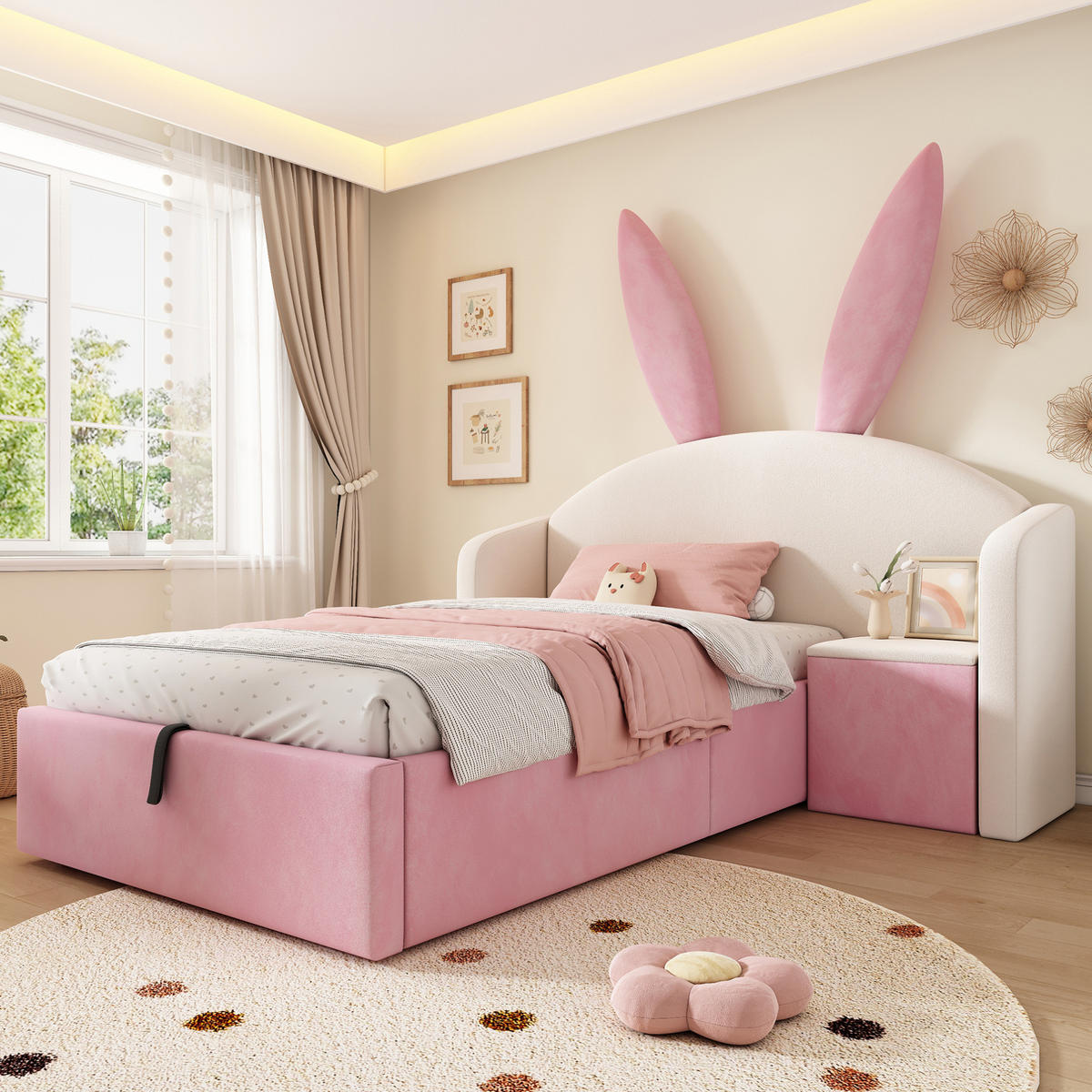 BETT mit Stauraum und Nachttisch 90x200 cm Samt Beige/Rosa - Rosa, Metall (90/200cm) - Beauniv