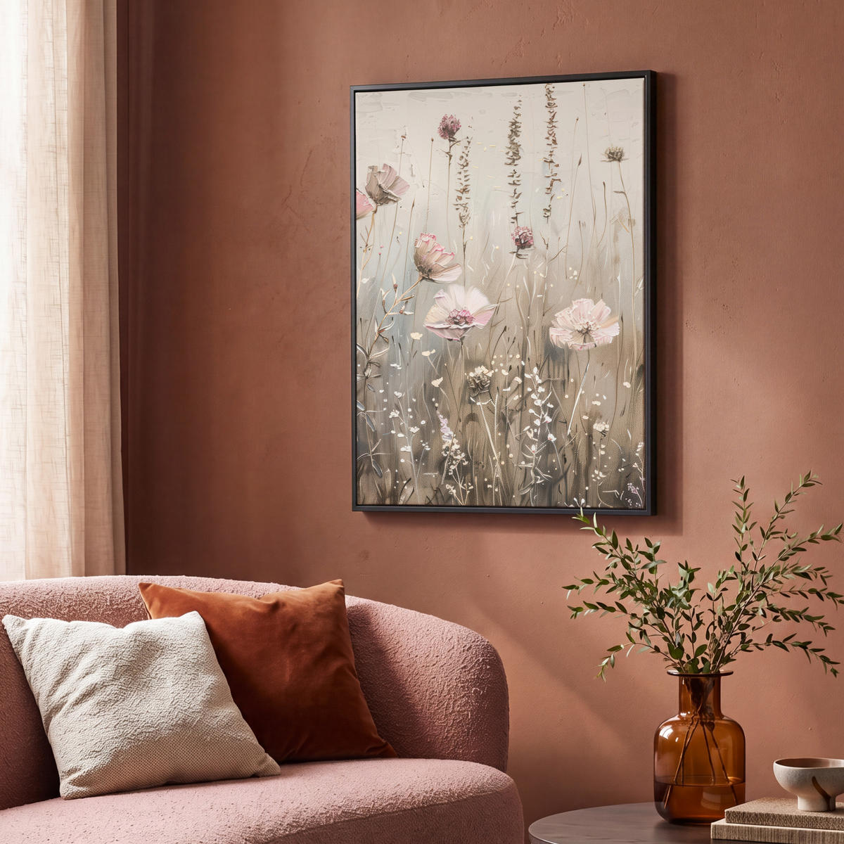 LEINWAND Bilder mit Rahmen - Blumen - Rosa - Modern - Beige - 70x100 - Beige, Textil (70/100cm) - MuchoWow