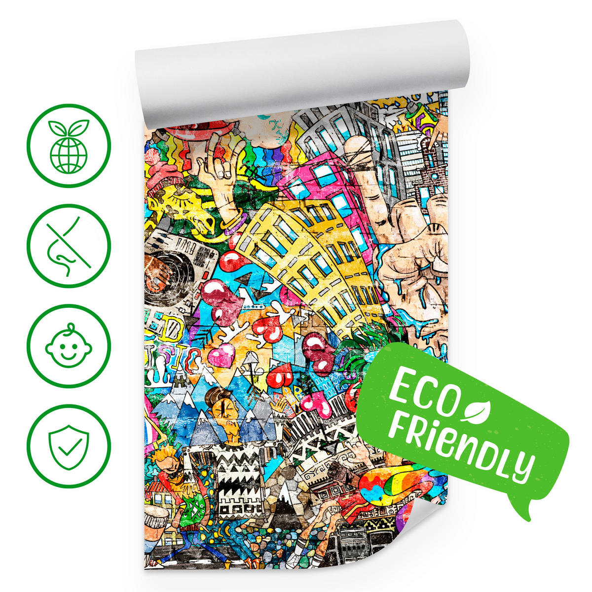 FOTOTAPETE für Jugendzimmer Buntes Graffiti Streetart Bunt 300x210 - Türkis/Gelb, Papier (300/210cm) - Muralo