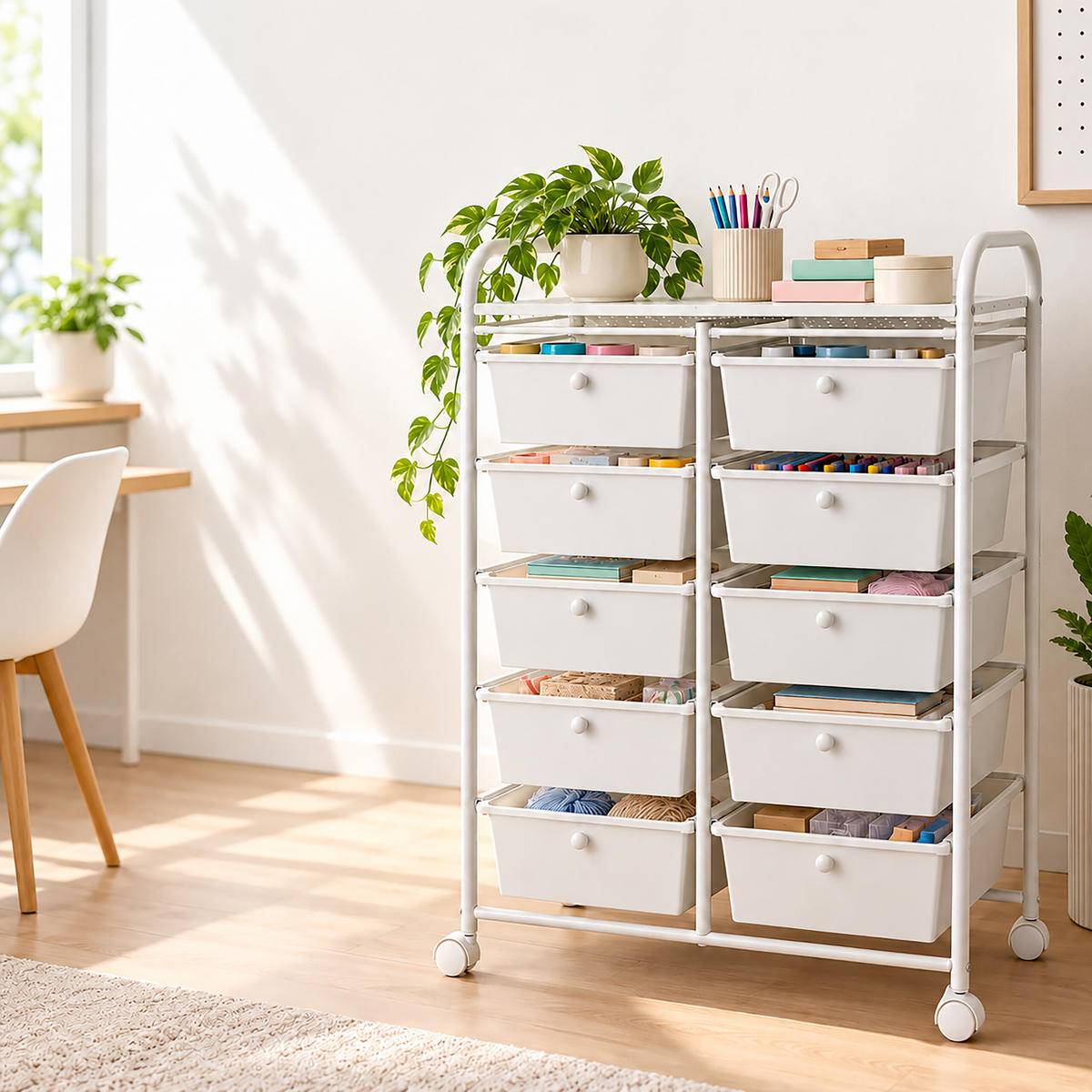 VOZÍK Bílý 10 zásuvek kov plast 96/65/38 cm - bílá, kov/plast (65/96/38cm) - Relaxdays