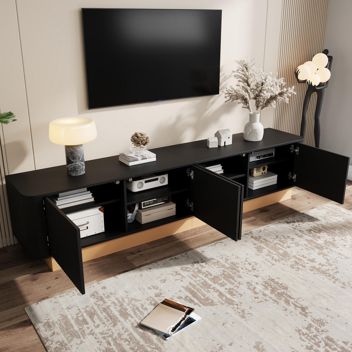 TV-LOWBOARD 200 cm geriffelt 4 Türen - Schwarz, Holz (200/47.5/40cm) - LEBENLANG