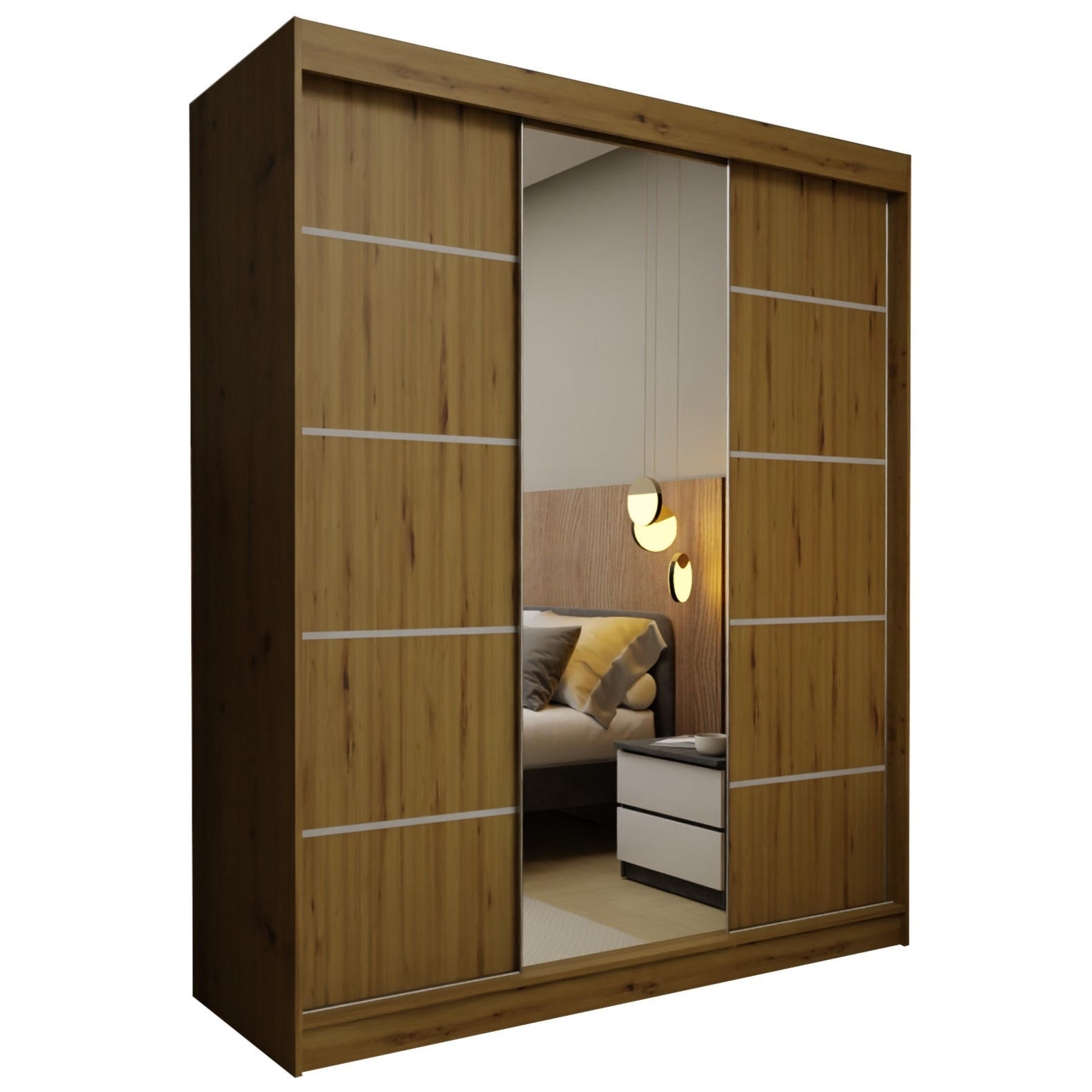 SCHWEBETÜRENSCHRANK MIRELLA 180/216/61 cm 3-türig mit Spiegel Eiche Artisan - Eiche Artisan, Holzwerkstoff (180/216/61cm) - MASSENO