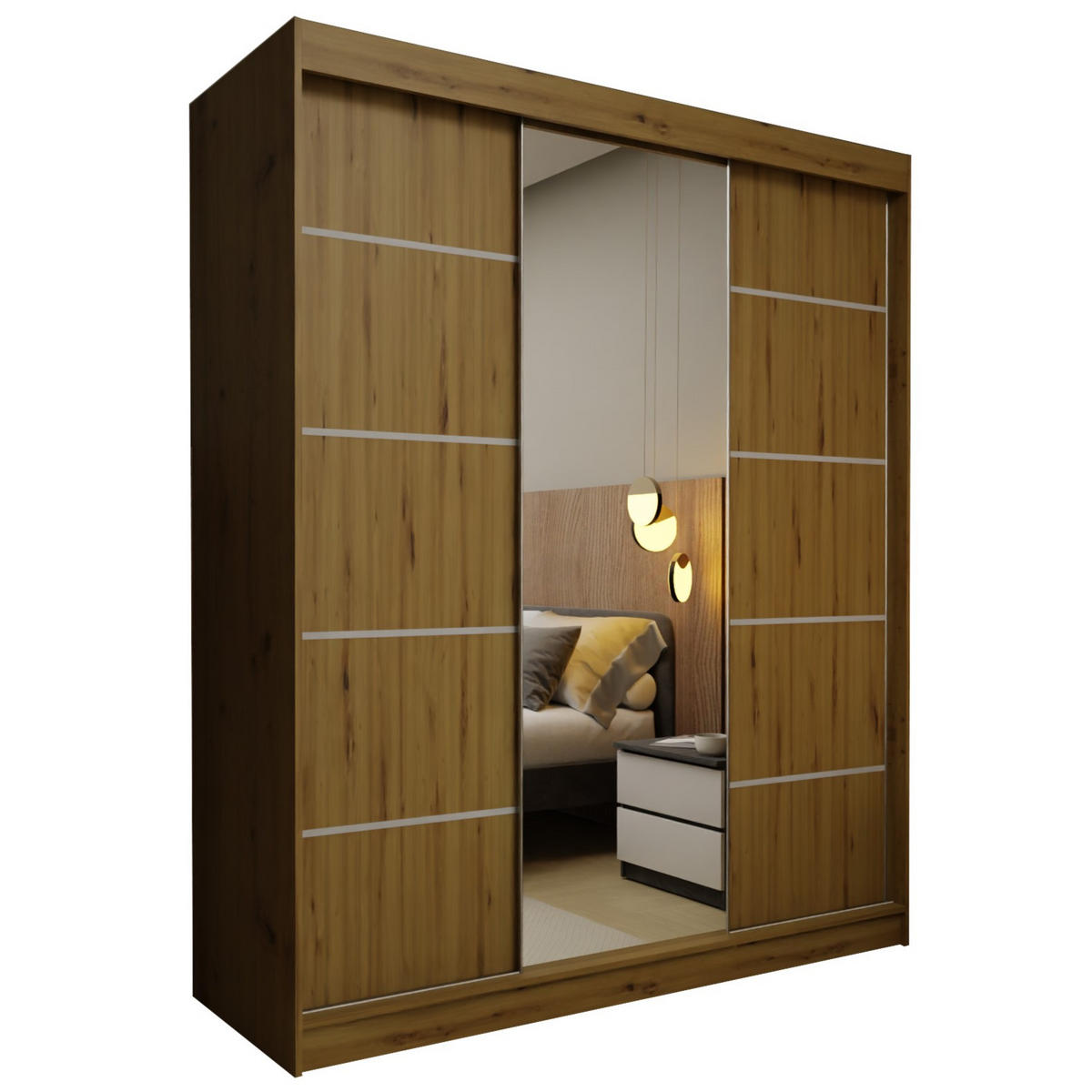 SCHWEBETÜRENSCHRANK MIRELLA 180/216/61 cm 3-türig mit Spiegel Eiche Artisan - Eiche Artisan, Holzwerkstoff (180/216/61cm) - MASSENO