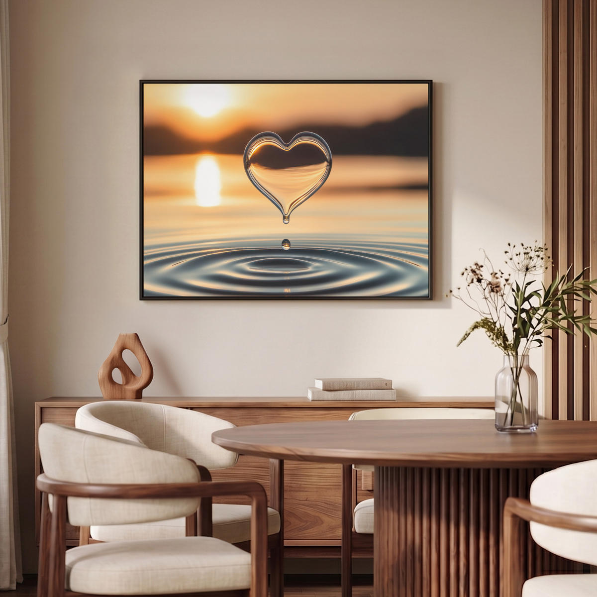 LEINWAND Bilder mit Rahmen - Herz - Wasser - Sonnenuntergang - Natur - Zen - 100x70 - Bernsteinfarben, Textil (100/70cm) - MuchoWow
