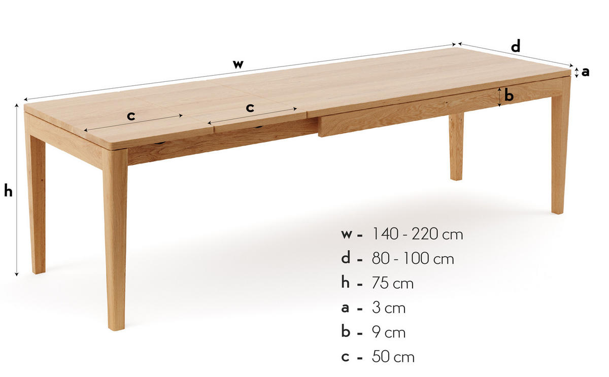 TISCH Ausziehbar Butterfly aus massivem Eichenholz 220x100 cm + Tischverlängerungen 2x50 cm - Eichefarben/Braun, Holz (220/100/75cm) - Danzz