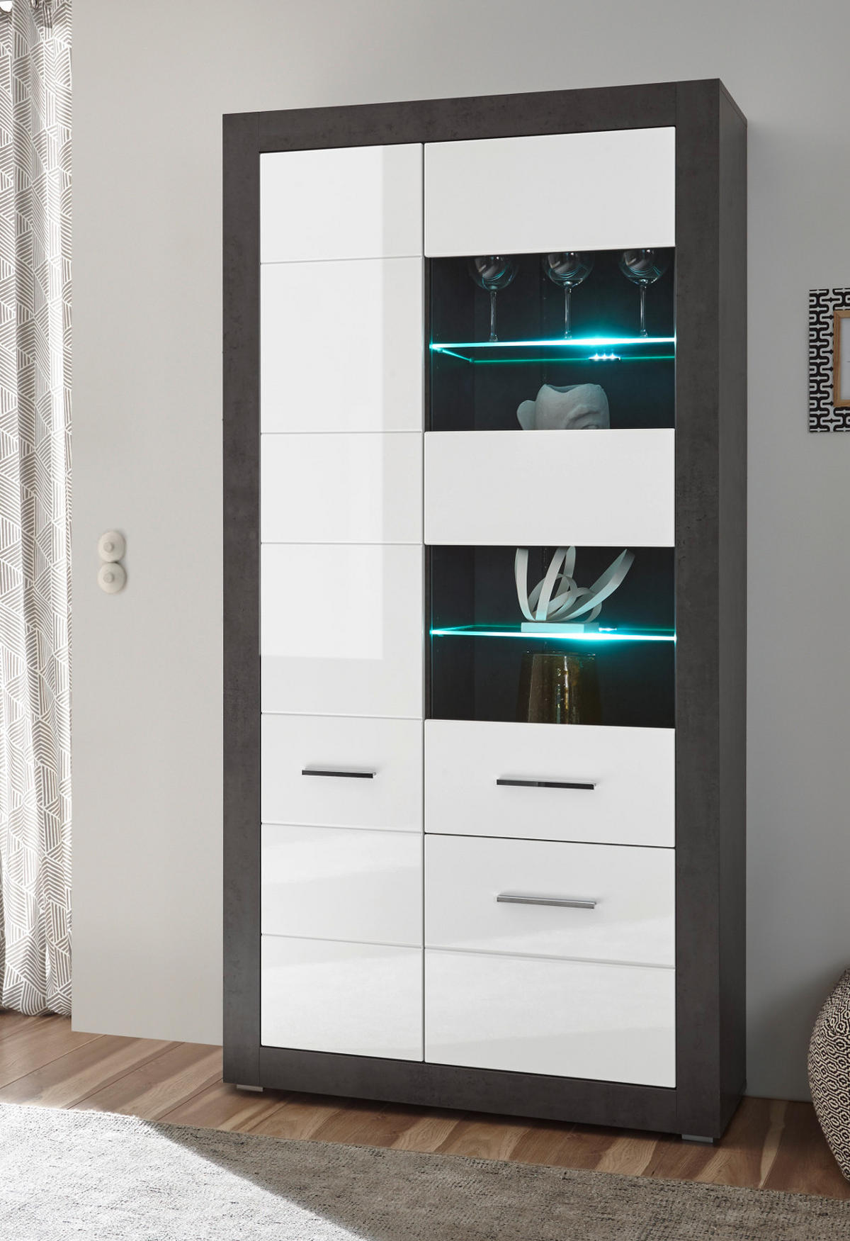 VITRINE weiß Hochglanz, grau Stone 100 cm, Vitrinenschrank mit 10 Fächern - Chromfarben/Weiß Hochglanz, Glas/Holzwerkstoff (100/198/35cm) - Furn.Design