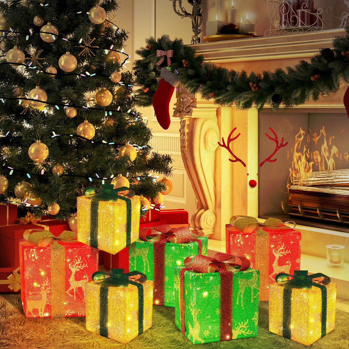 WEIHNACHTSGESCHENKBOX Elch (3er-set) 26/26/26 cm - Multicolor, Textil (26/26/26cm) - Nettlife