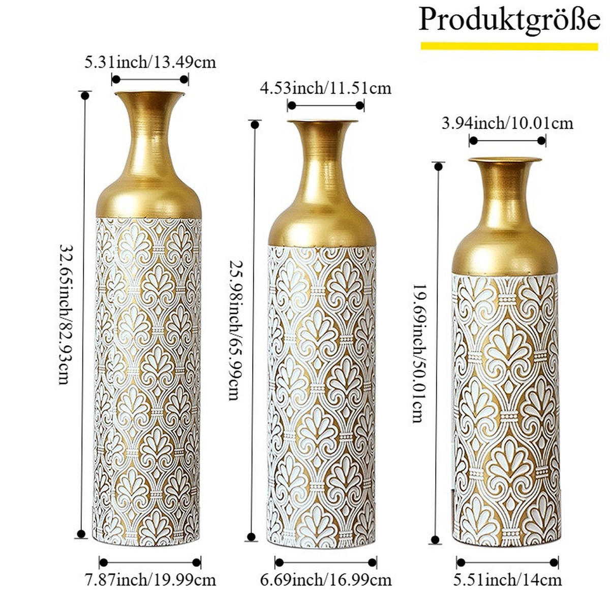 BODENVASE 3-tlg 50/66/83cm Bodenvase-Gold Metallvase mit Punkte-Muster Vintage-Übertopf - Goldfarben, Metall (91.45cm) - Raelunyi