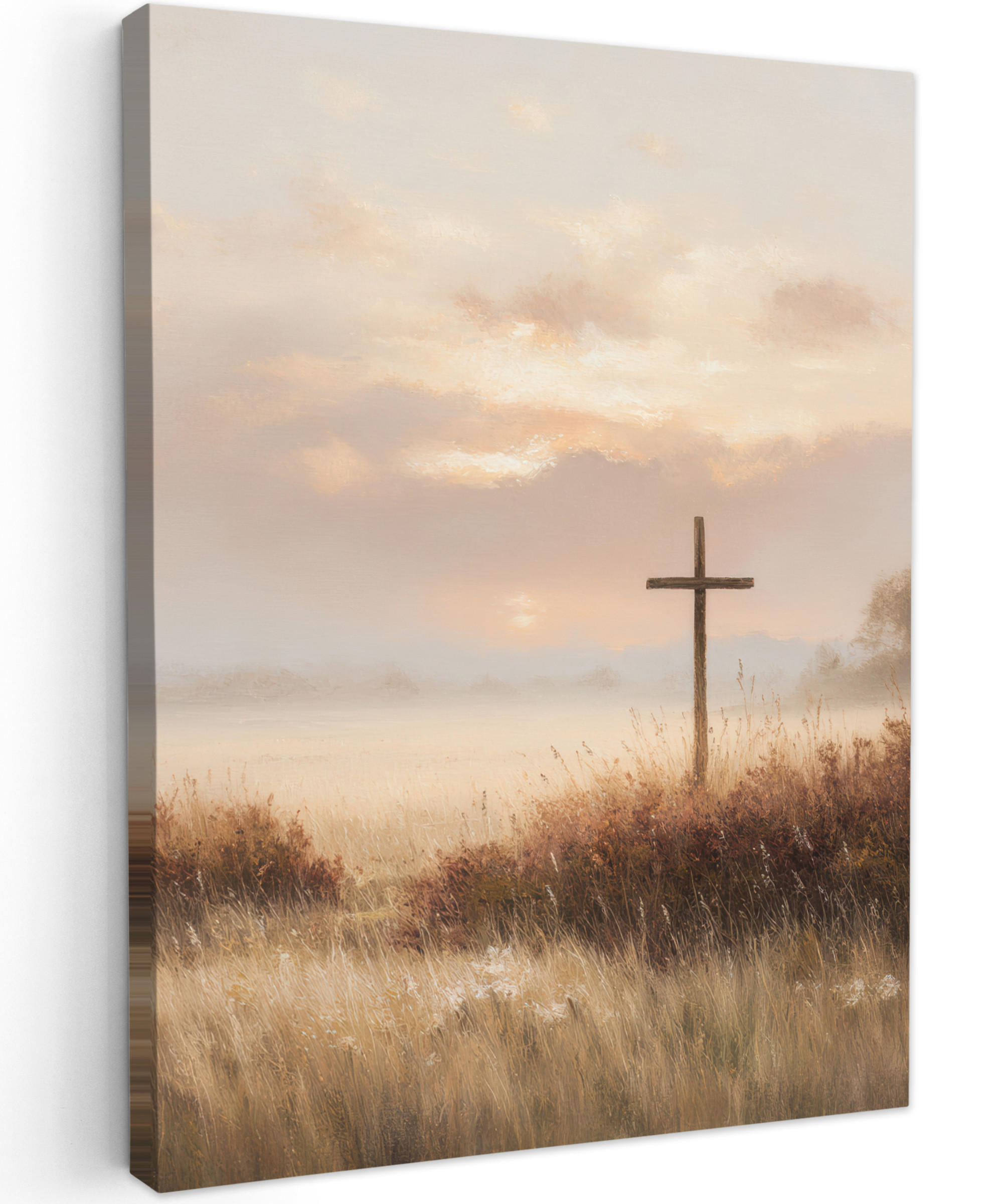 LEINWANDBILD Gras - Morgennebel - Kreuz - Christentum Room Decor 30x40 cm - Beige, Textil (30/40cm) - MuchoWow