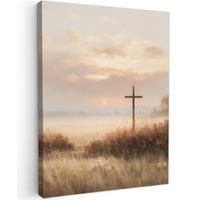LEINWANDBILD Gras - Morgennebel - Kreuz - Christentum Room Decor 30x40 cm - Beige, Textil (30/40cm) - MuchoWow