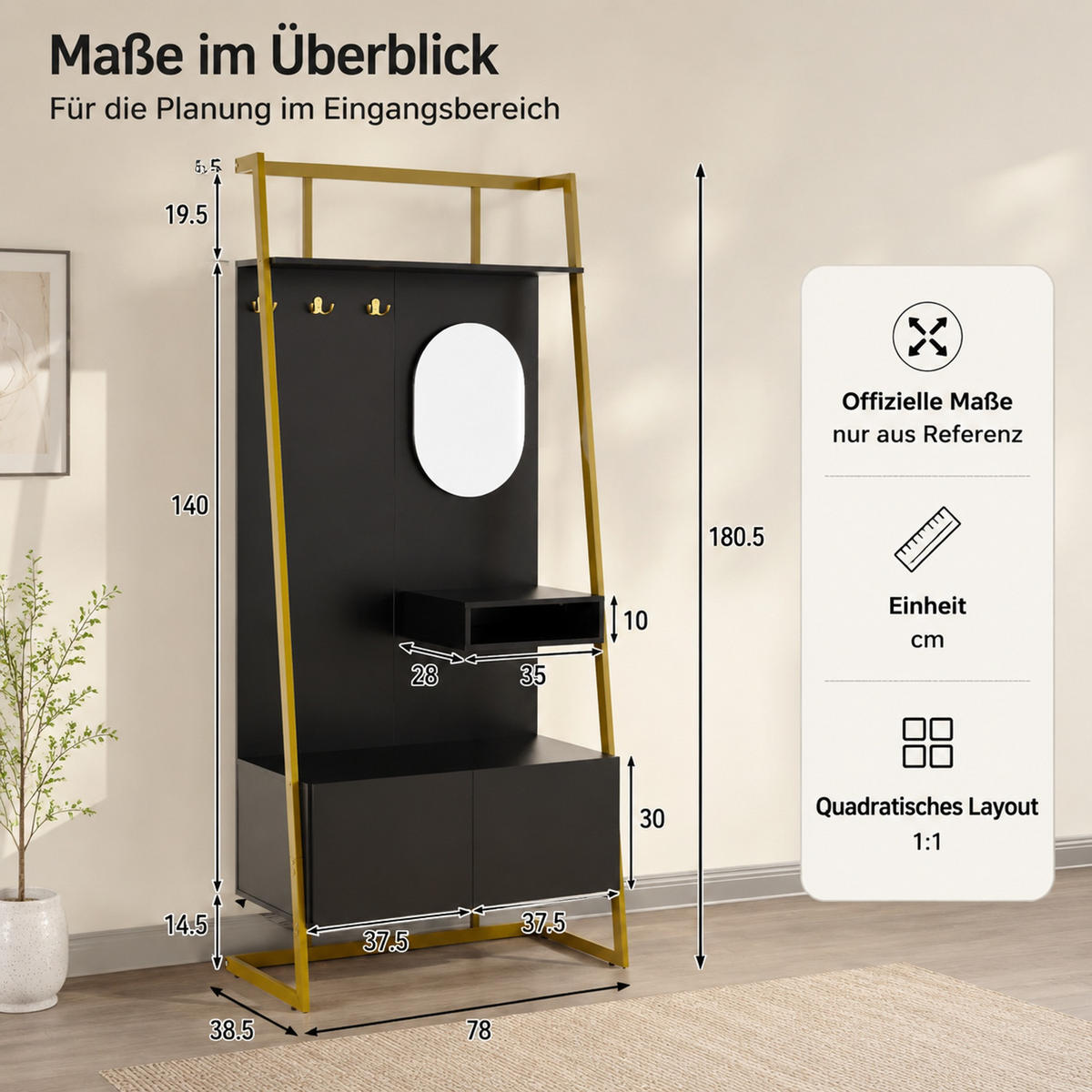 KOMPAKTGARDEROBE 78/38,5/180,5 cm aus Holzwerkstoff und Metall mit Spiegel und Schuhschrank Schwarz - Schwarz, Holzwerkstoff (78/180.5/38.5cm) - Modenvie
